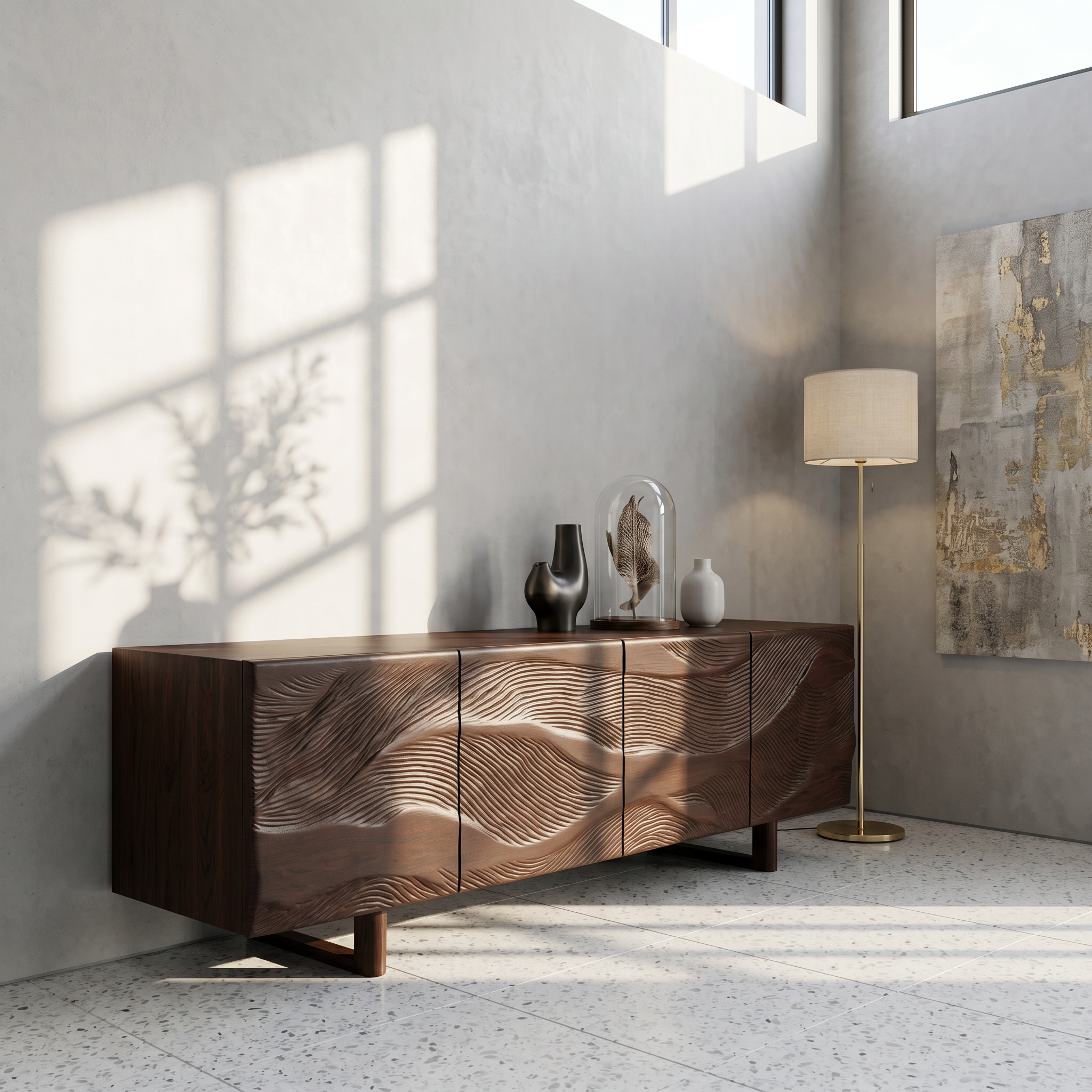 Modern Storage Cabinet With Sunburst Carved Wood Doors For Living Room