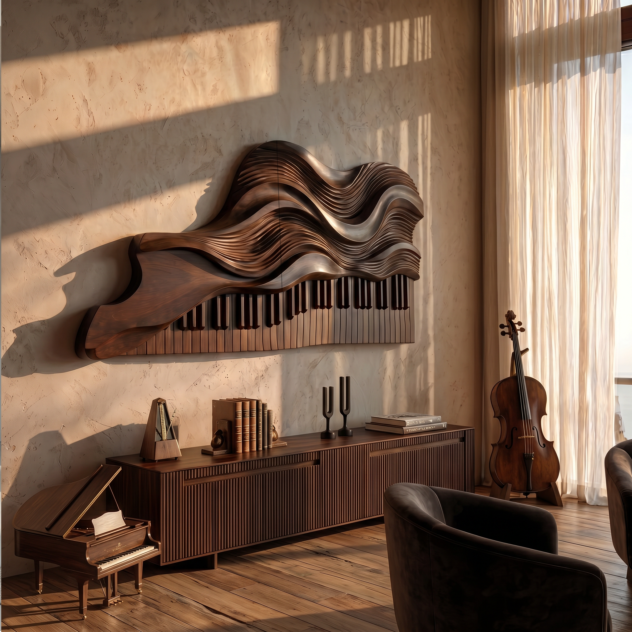 Abstract Piano Wave Wooden Wall Sculpture For Living Room