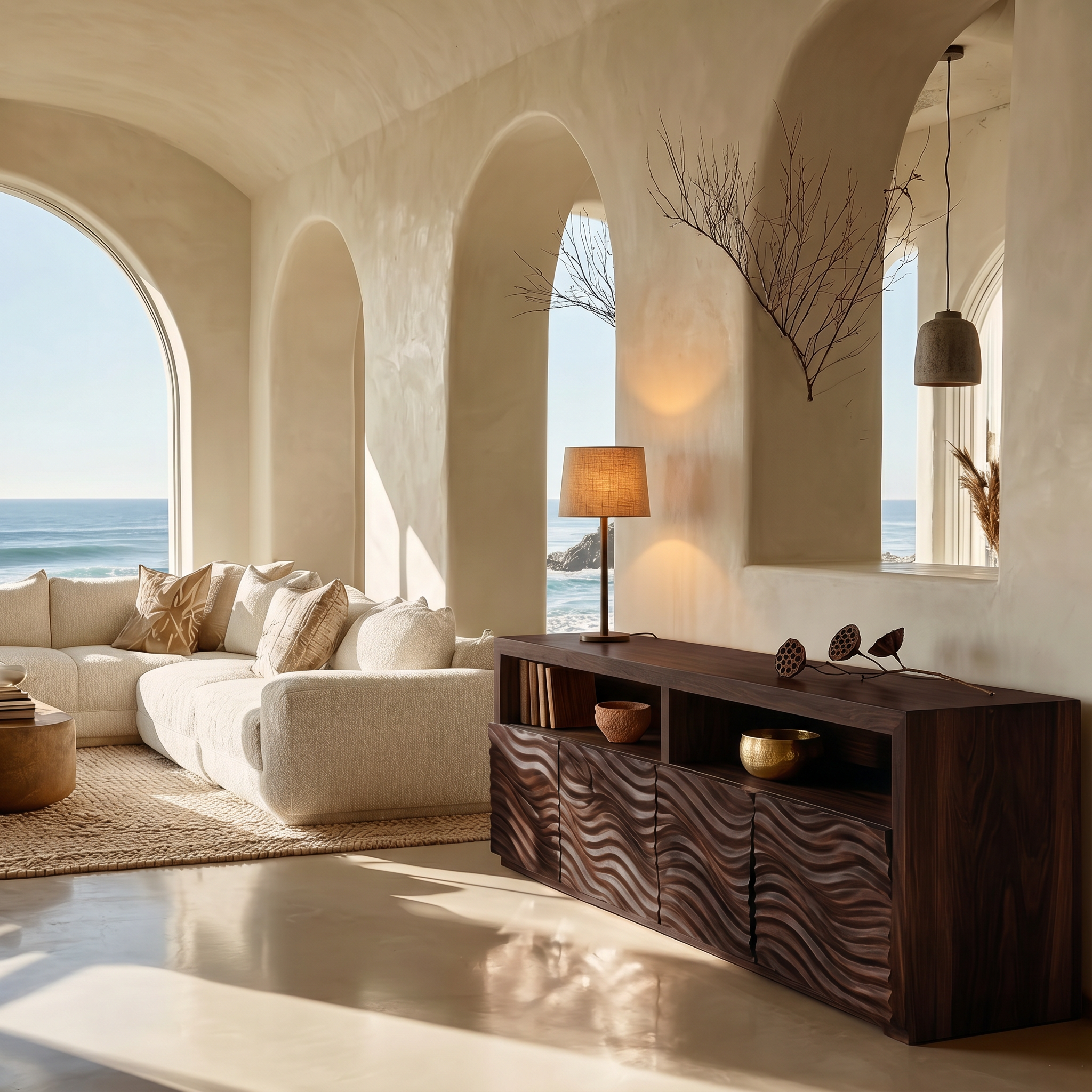 Contemporary Sideboard With Carved Wood Doors And Functional Storage For Living Room