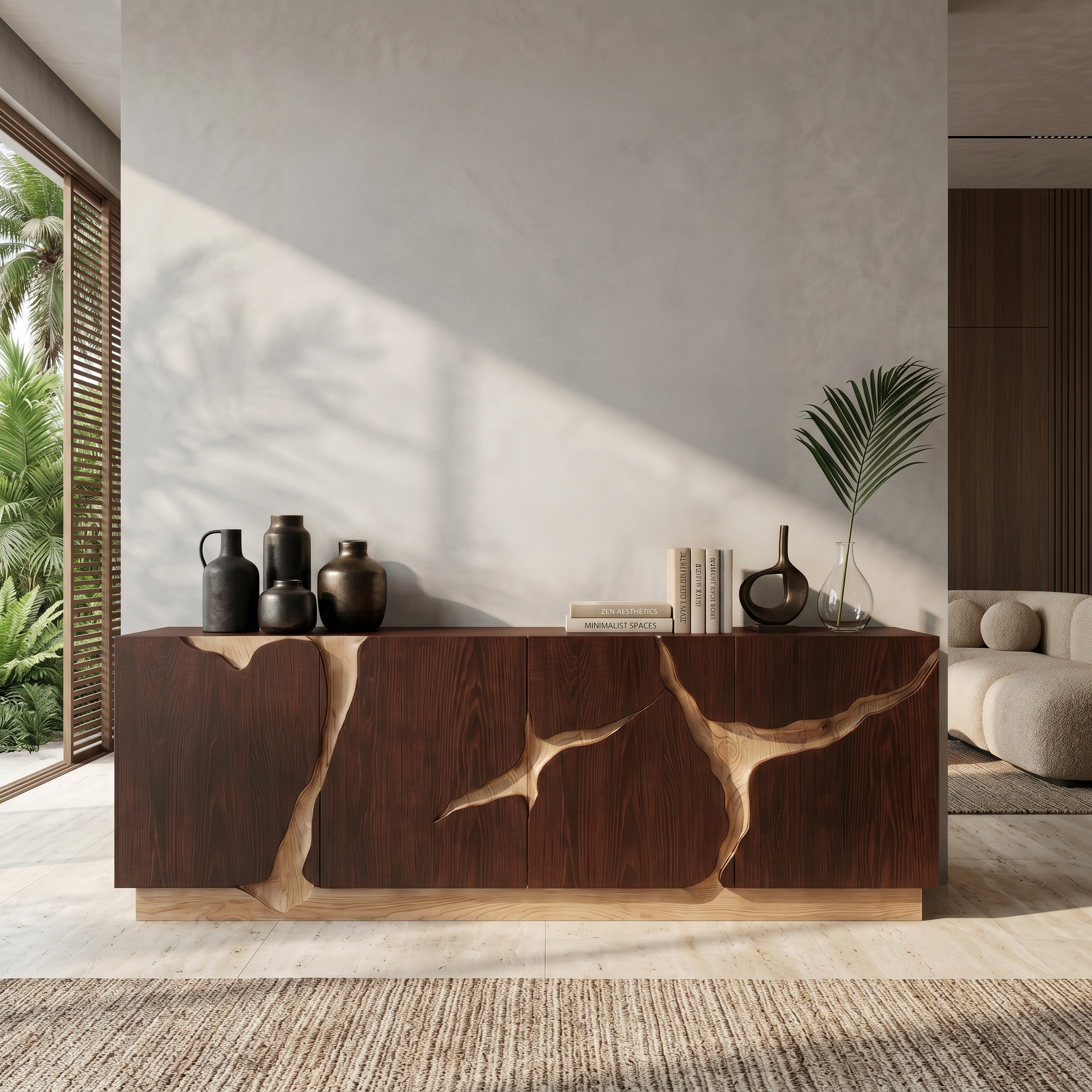 Organic Sideboard With Charred Wood Doors And Natural Live Edge Inlay For Living Room