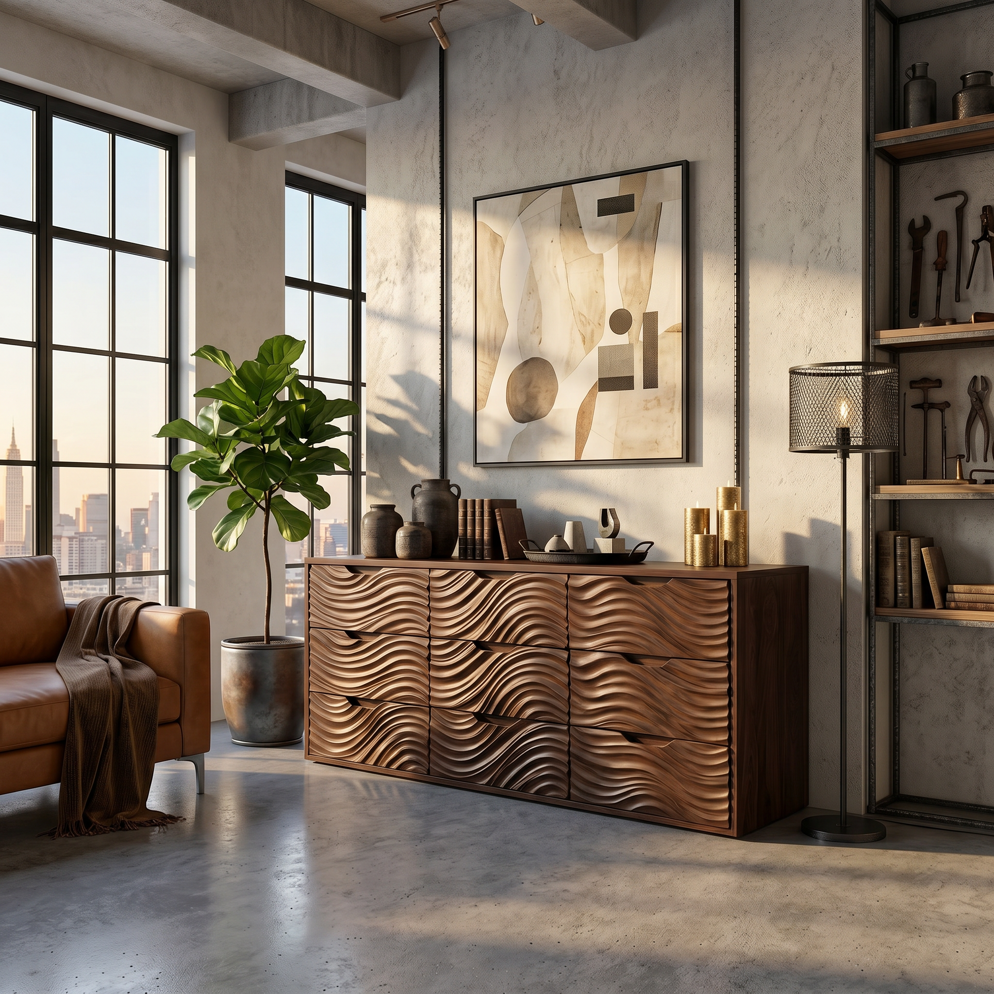 Organic Sideboard With Hand Carved Wave Wood Doors And Solid Wood Storage Cabinet For Living Room