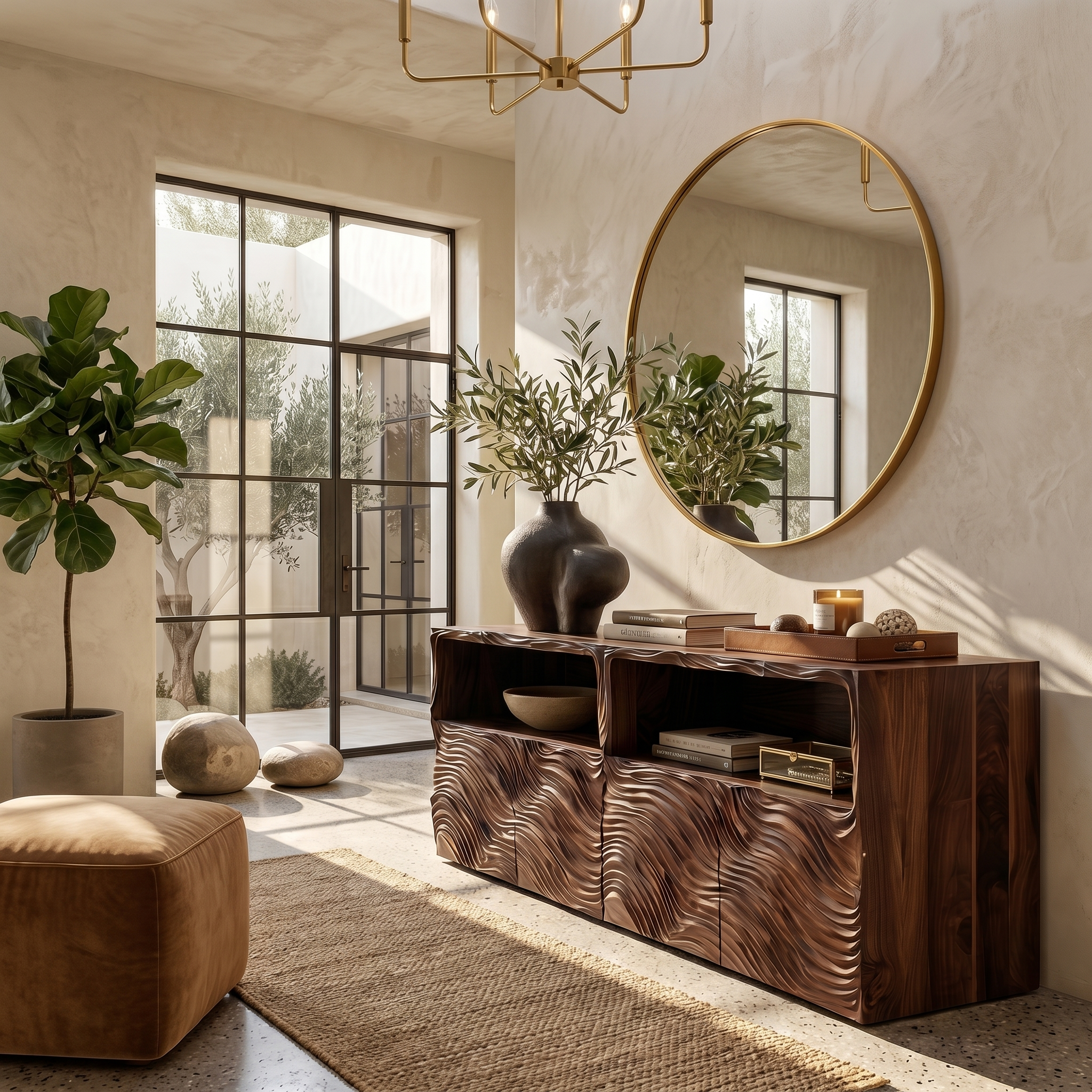 Modern Sideboard With Hand Carved Wave Wood Doors And Open Display Shelves For Living Room