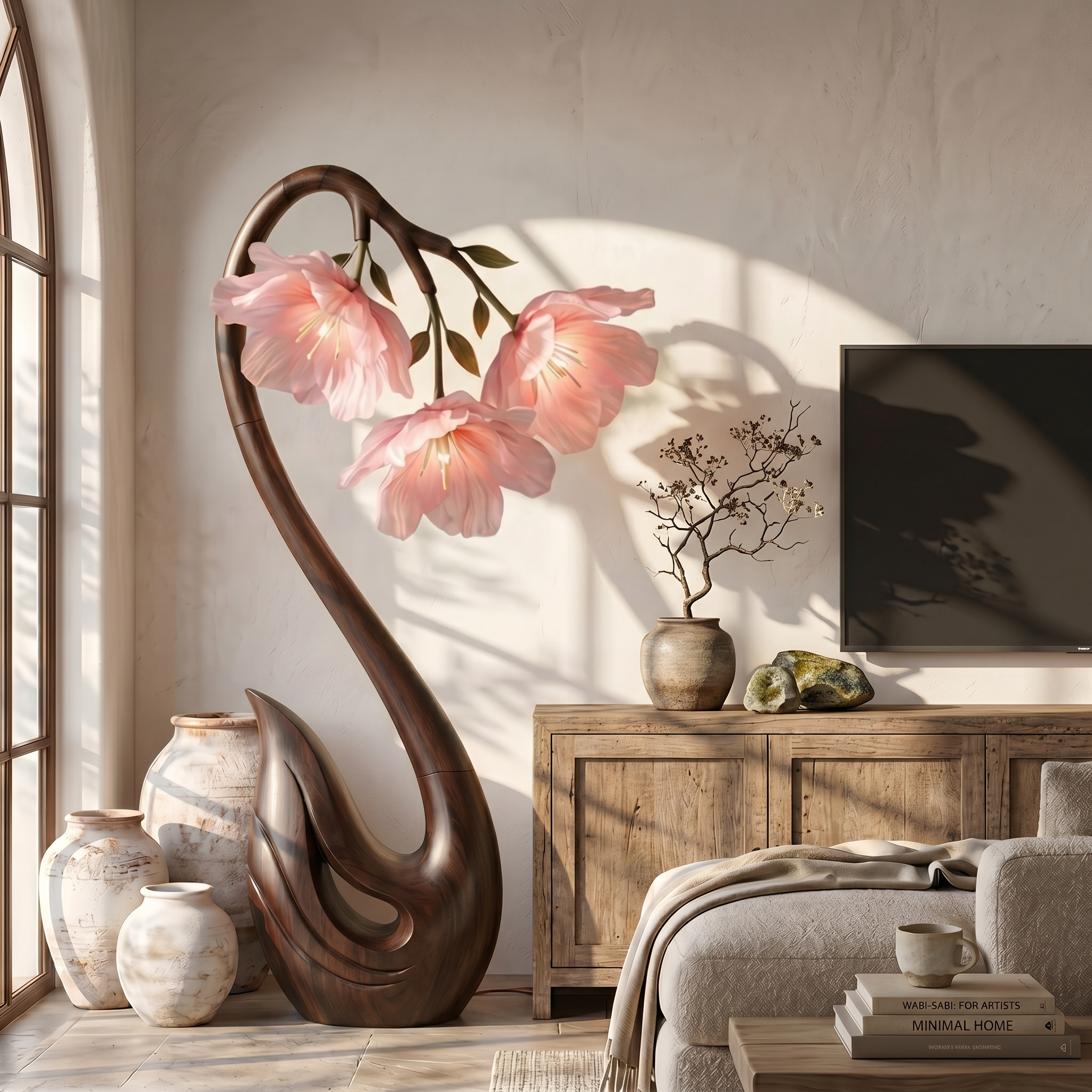 Sculptural Flower Floor Lamp Organic Wood Design For Living Room