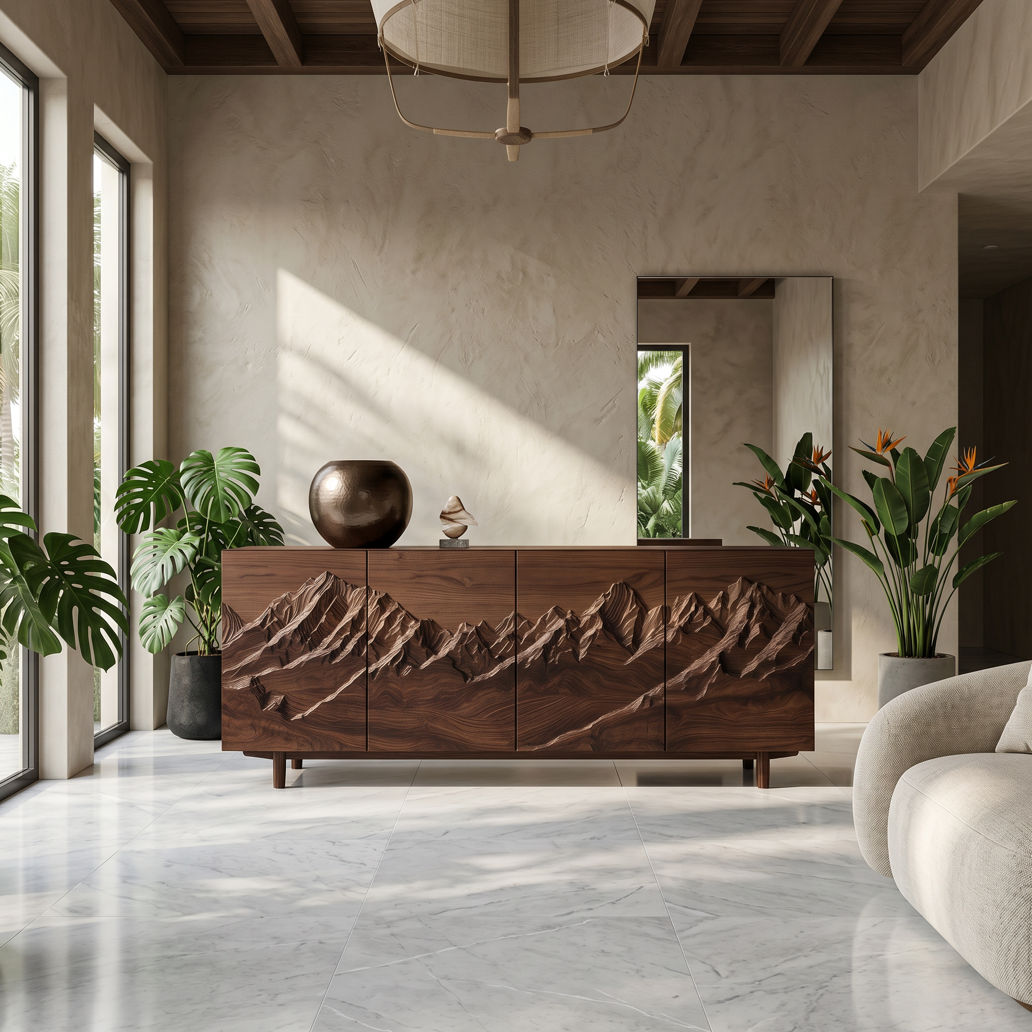 Rustic Mountain Landscape Sideboard With Carved Wood Doors For Living Room And Entryway