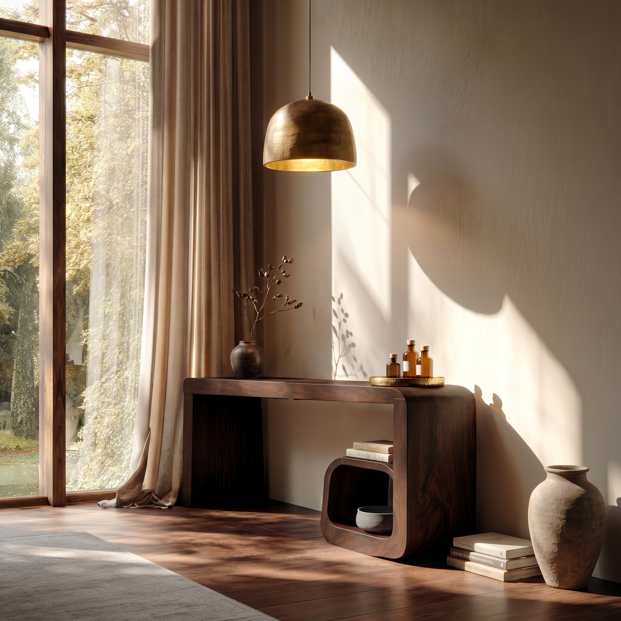 Sculptural Dressing Table With Curved Wood Silhouette For Bedroom Decor