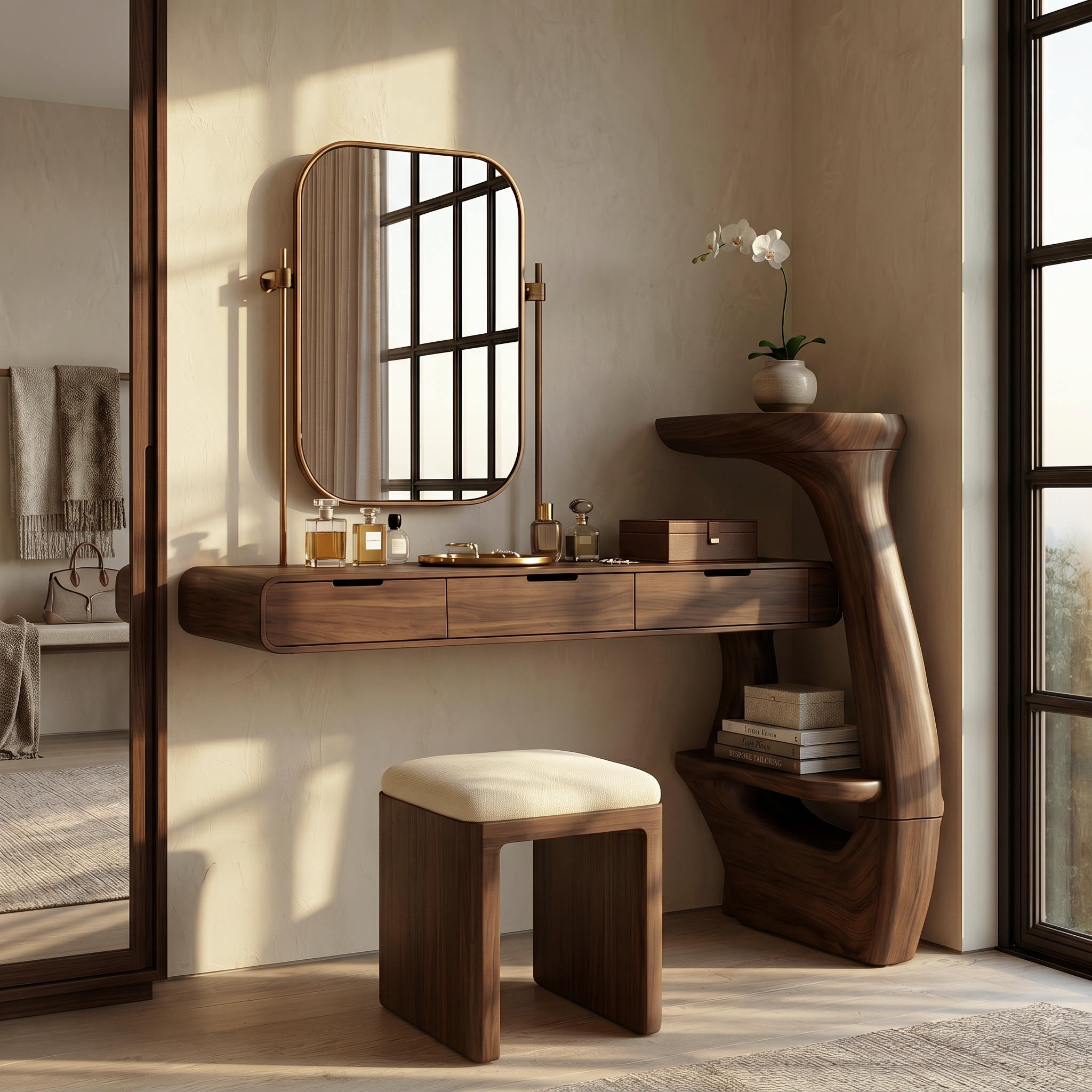 Sculptural Dressing Table With Handcrafted Wood Structure For Bedroom