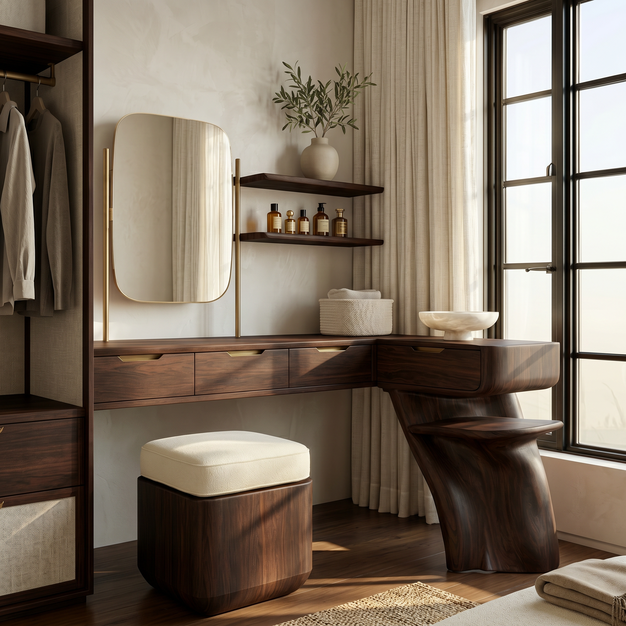 Nature Inspired Dressing Table With Sculptural Wood Design For Bedroom