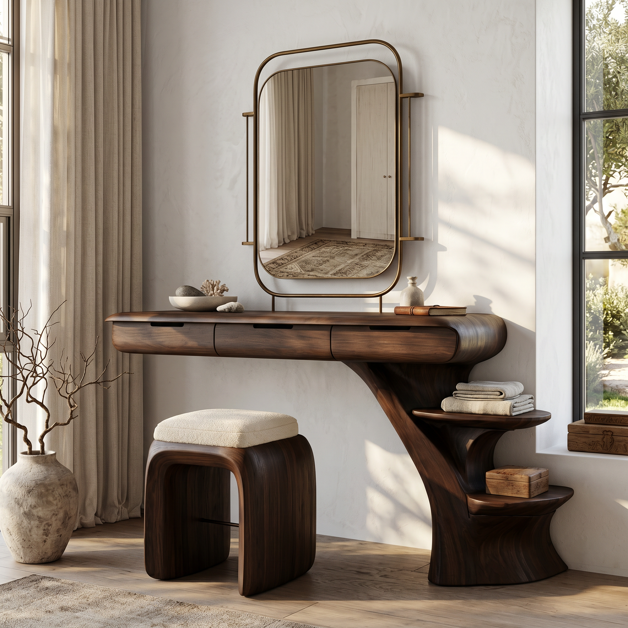 Sculptural Dressing Table With Open Storage Shelves For Bedroom