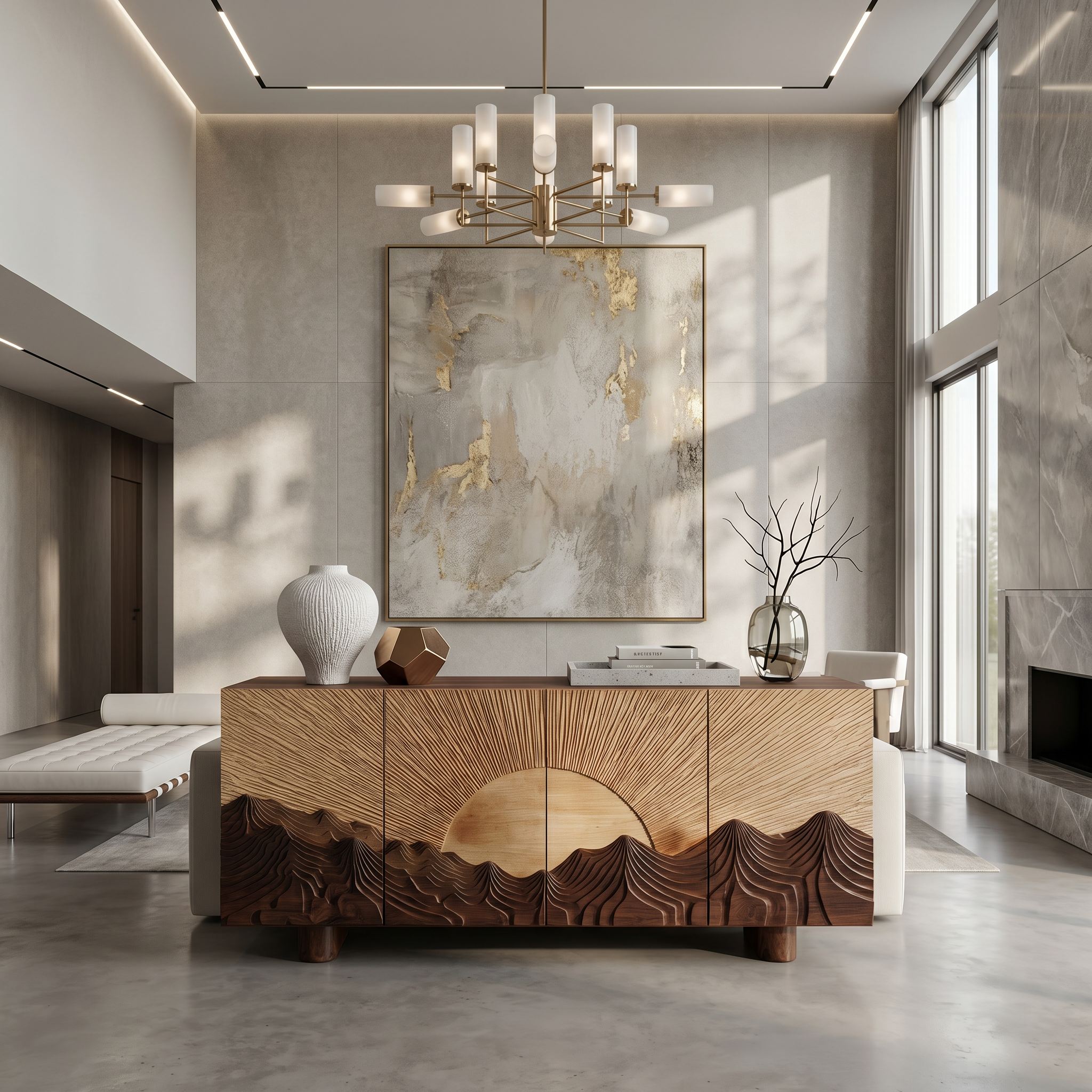 Rustic Mountain Sunrise Sideboard With Carved Wood Doors For Living Room