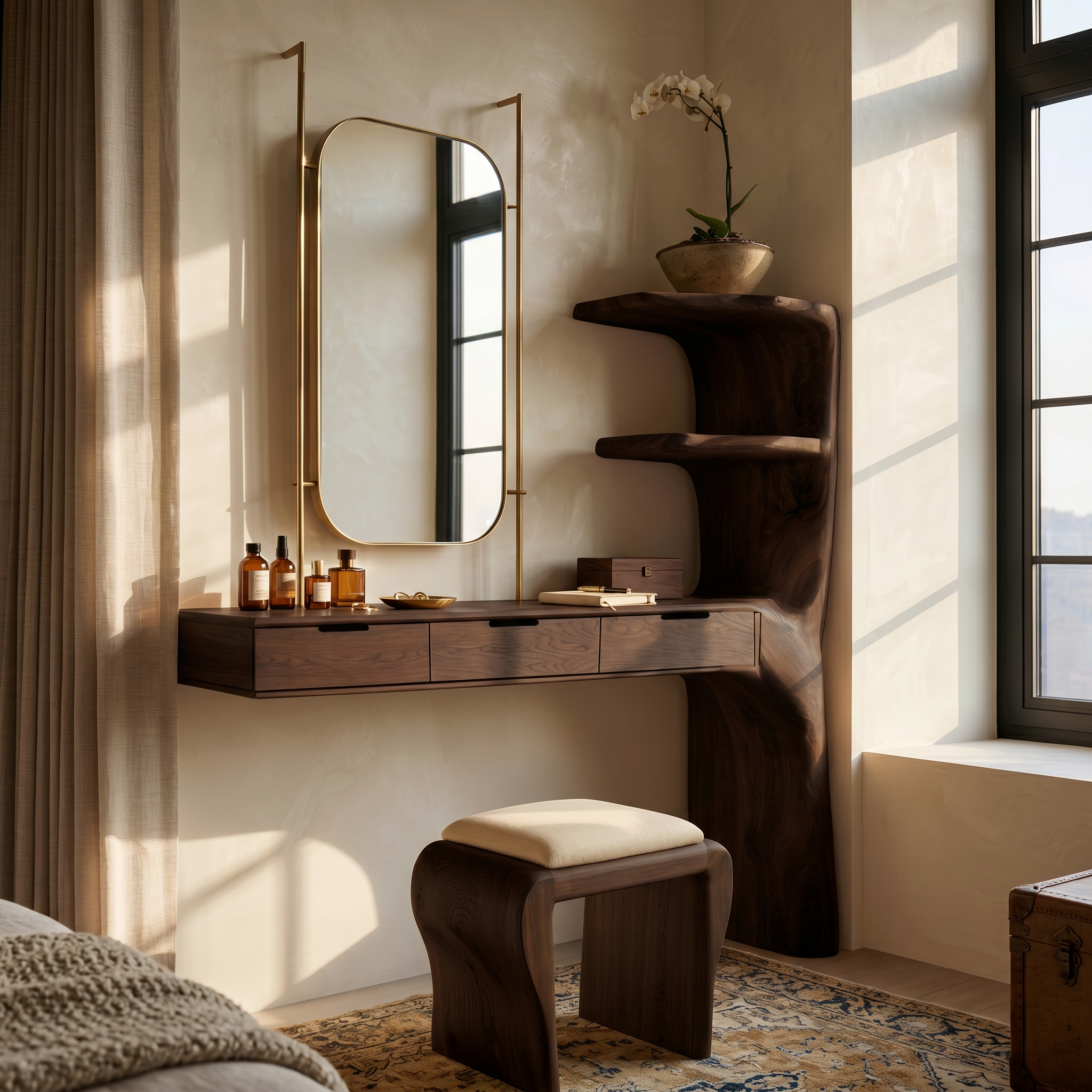 Organic Dressing Table With Built In Storage Shelves For Bedroom And Dressing Room