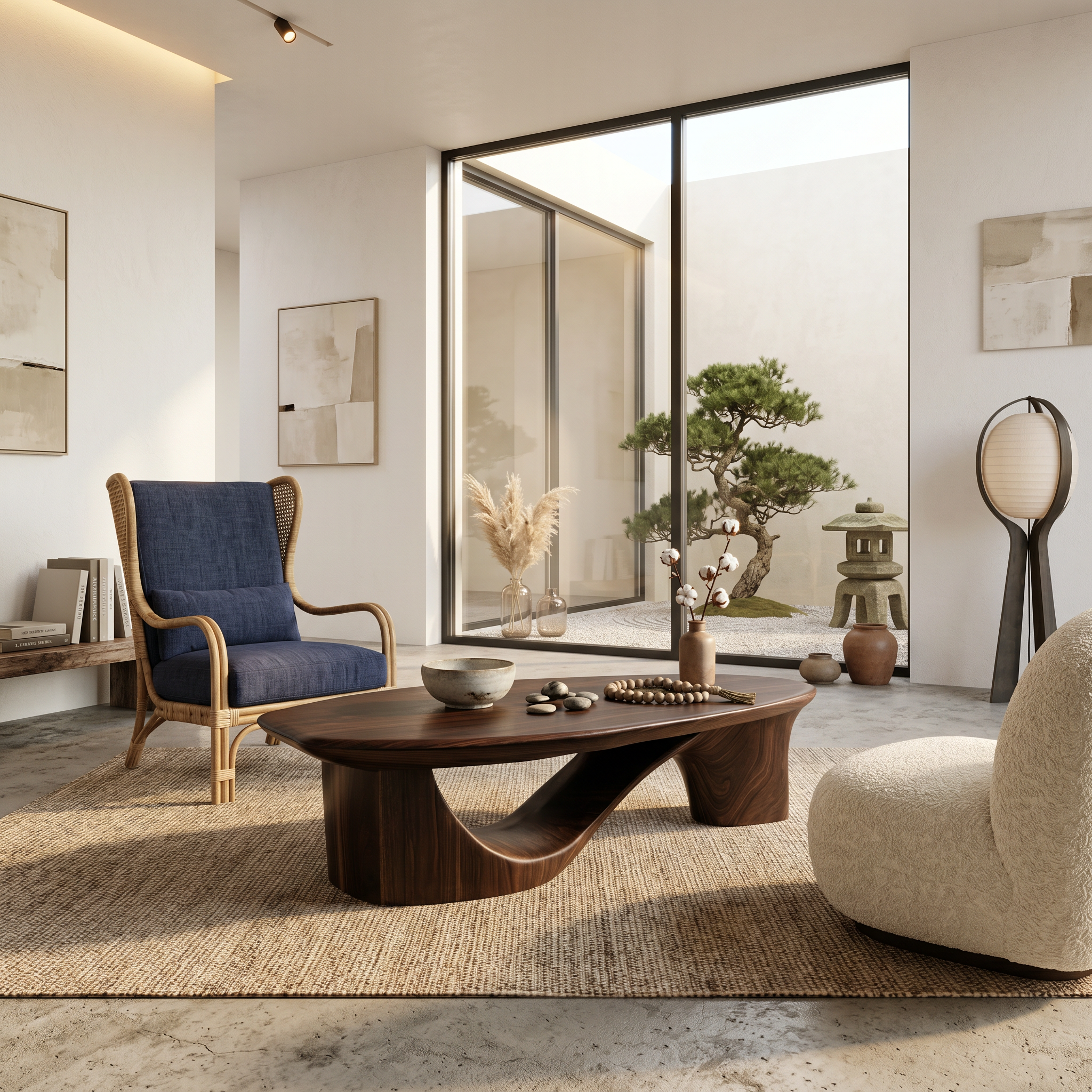 Contemporary Coffee Table With Sculptural Wooden Base For Living Room
