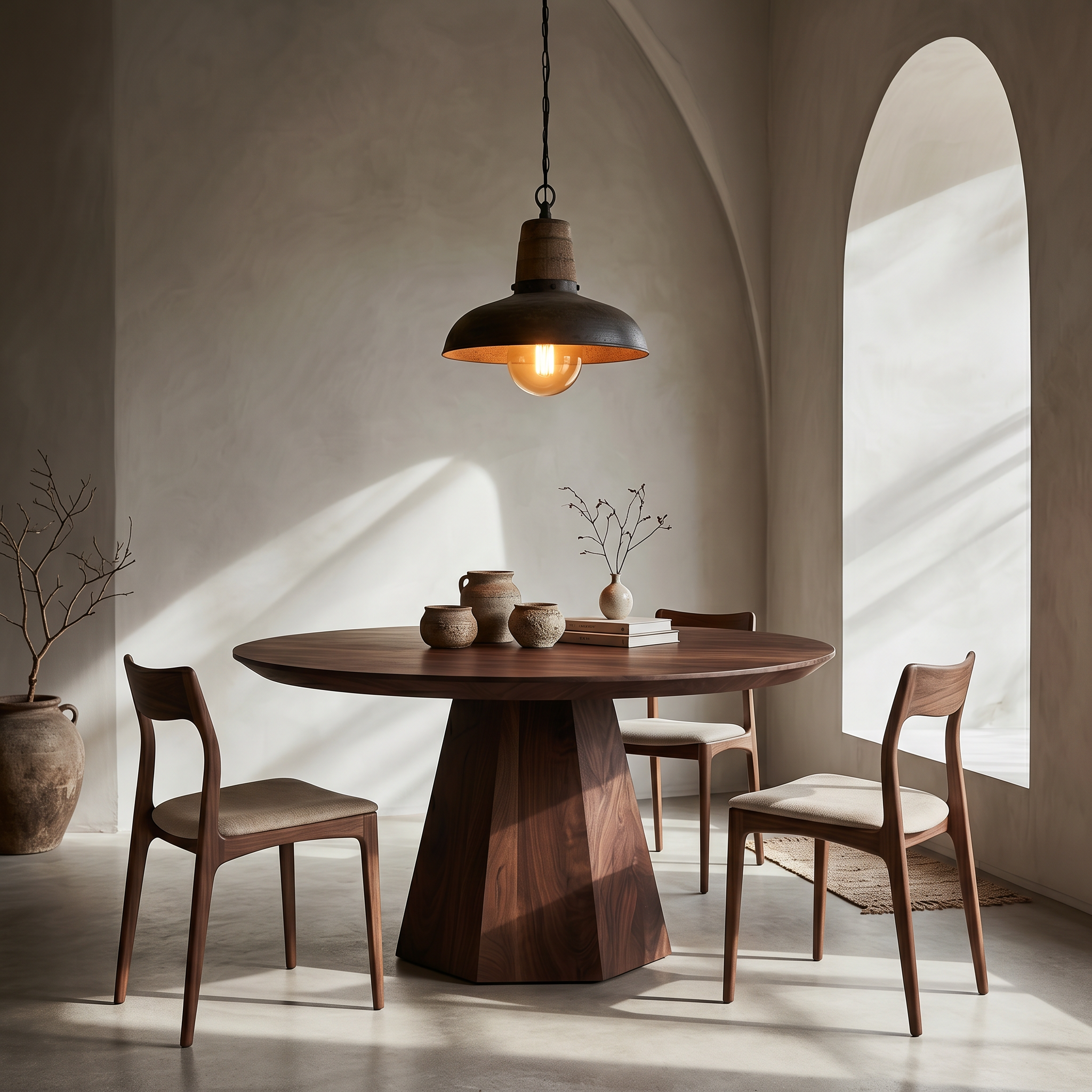 Mid Century Dining Table With Tapered Sculptural Pedestal For Dining Room
