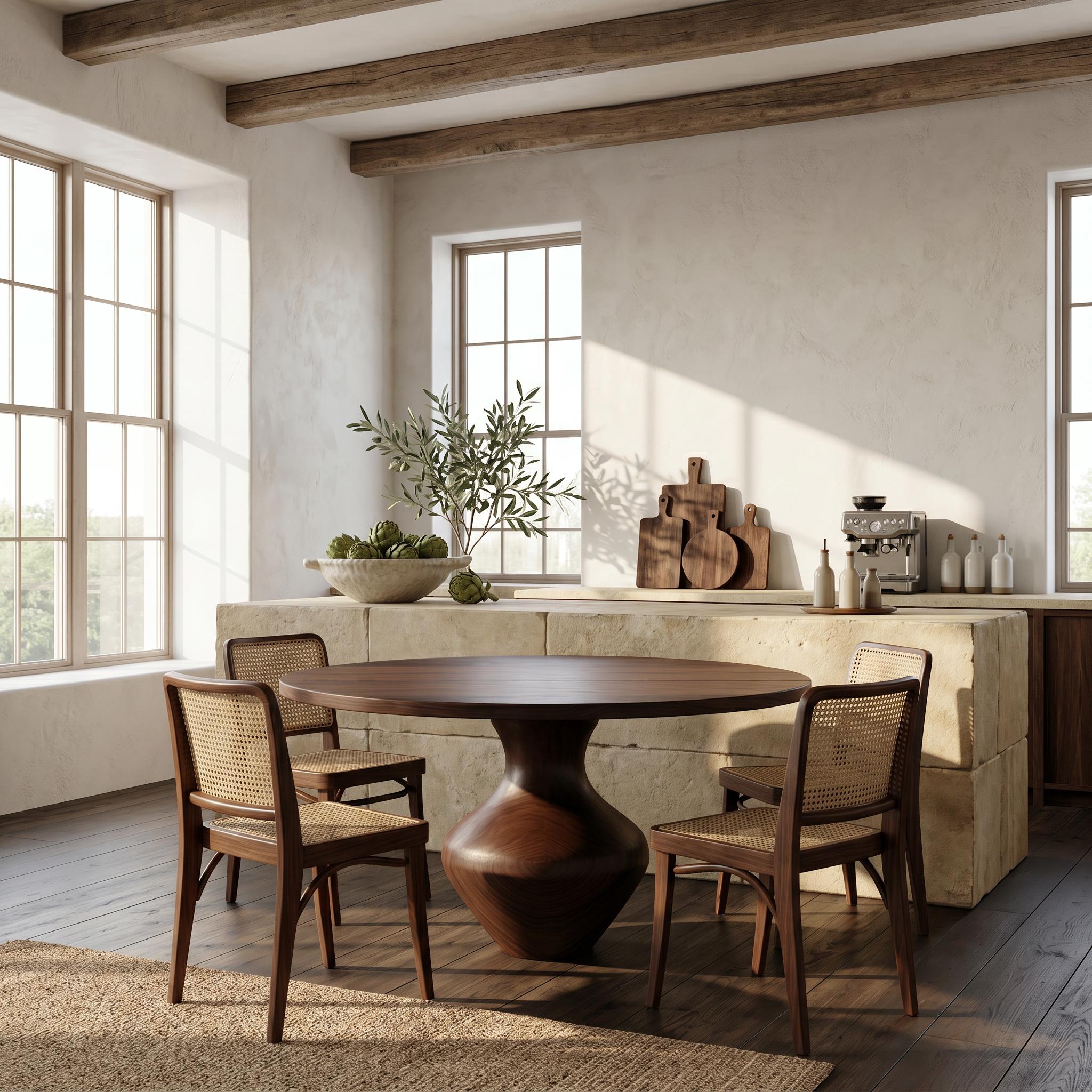 Rustic Dining Table With Sculptural Solid Wood Pedestal Base Farmhouse Round Dining Table With Sculptural Wooden Base For Kitchen