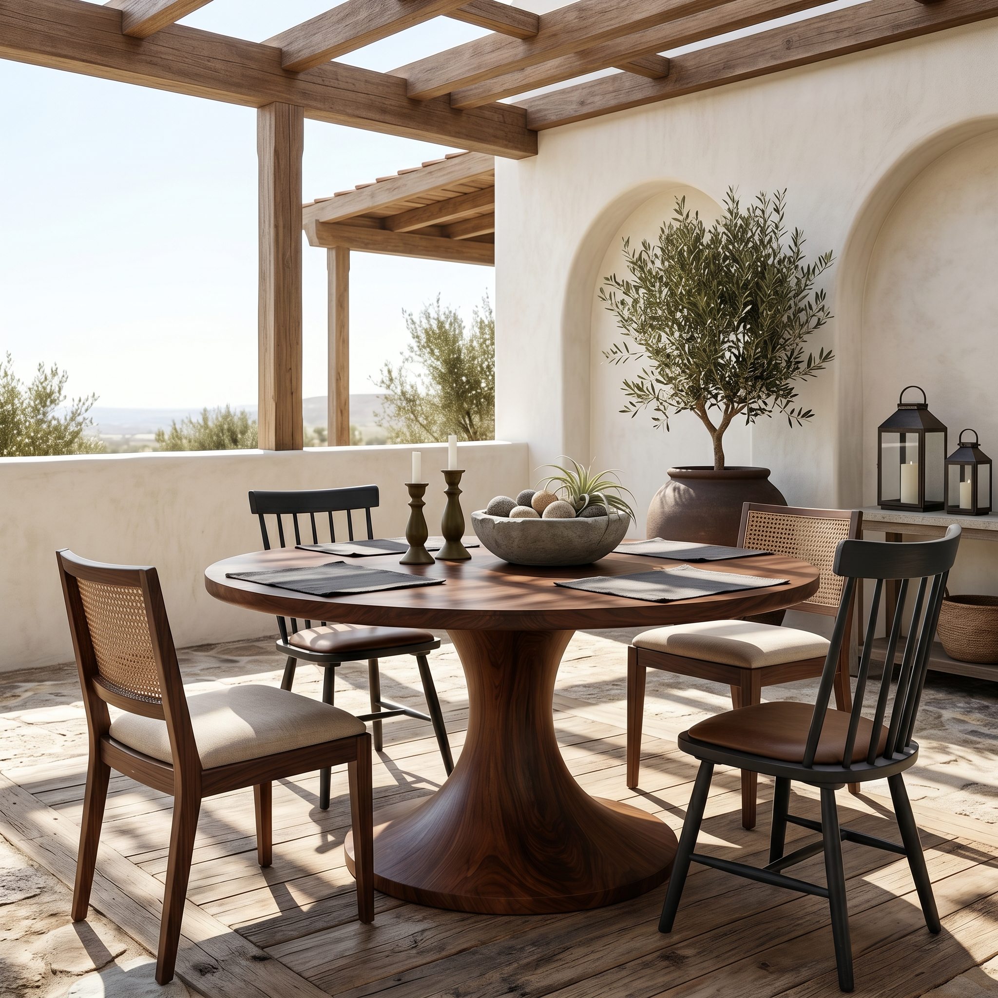 Contemporary Dining Table With Handcrafted Solid Wood Pedestal For Kitchen