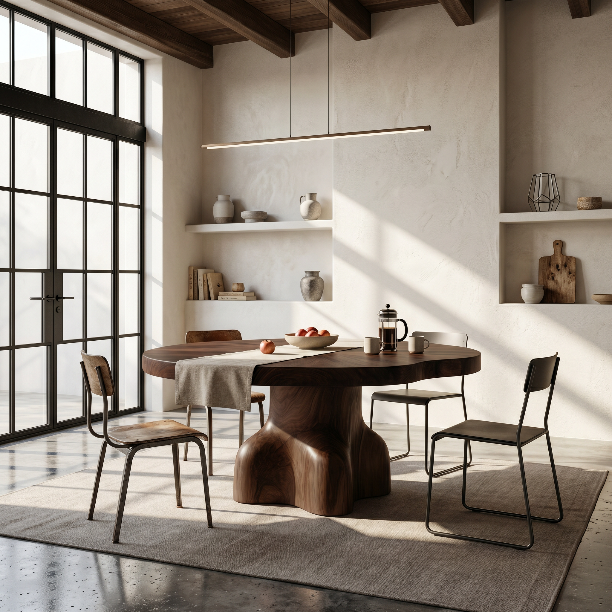 Contemporary Round Dining Table With Sculptural Solid Wood Pedestal For Dining Room