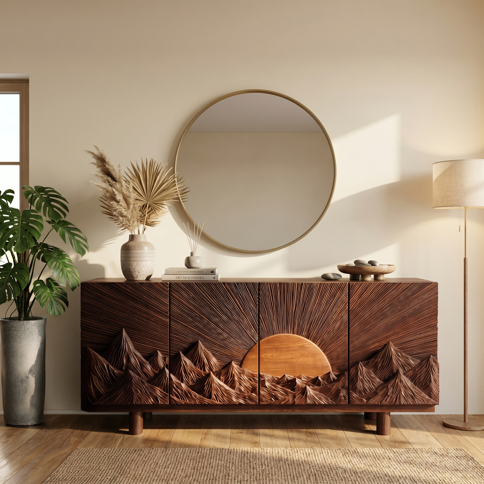 Rustic Mountain Sunrise Sideboard With Carved Wood Doors For Living Room