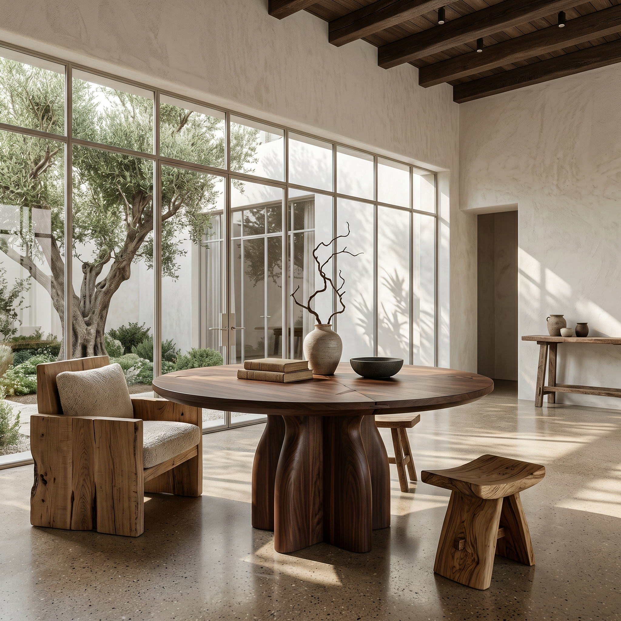 Organic Foyer Table With Sculptural Solid Wood Pedestal Base For Entryway