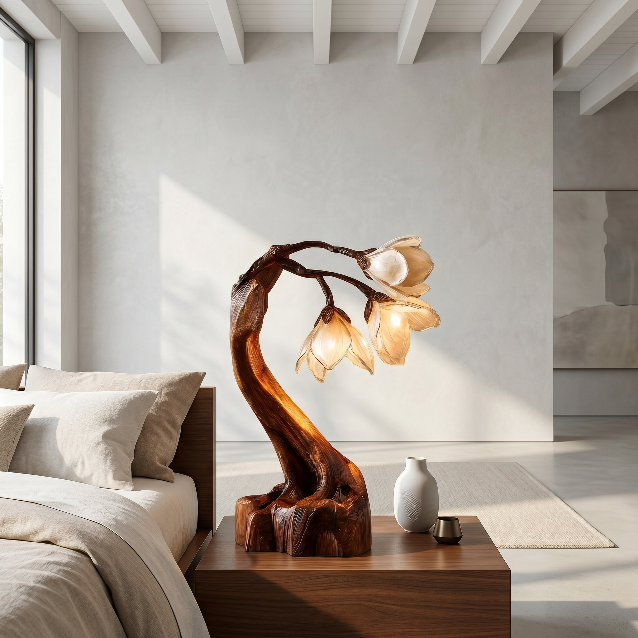 Organic Floral Table Lamp With Sculptural Wood Base For Bedroom And Living Room