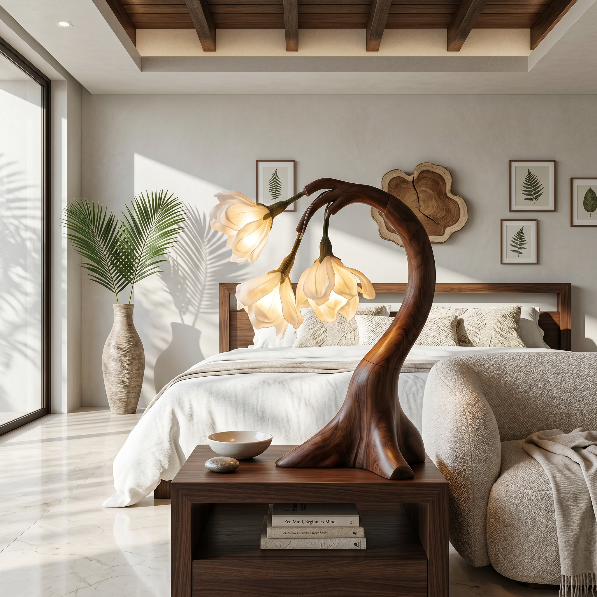 Modern Floral Table Lamp With Sculptural Curved Wood Base For Bedroom And Living Room