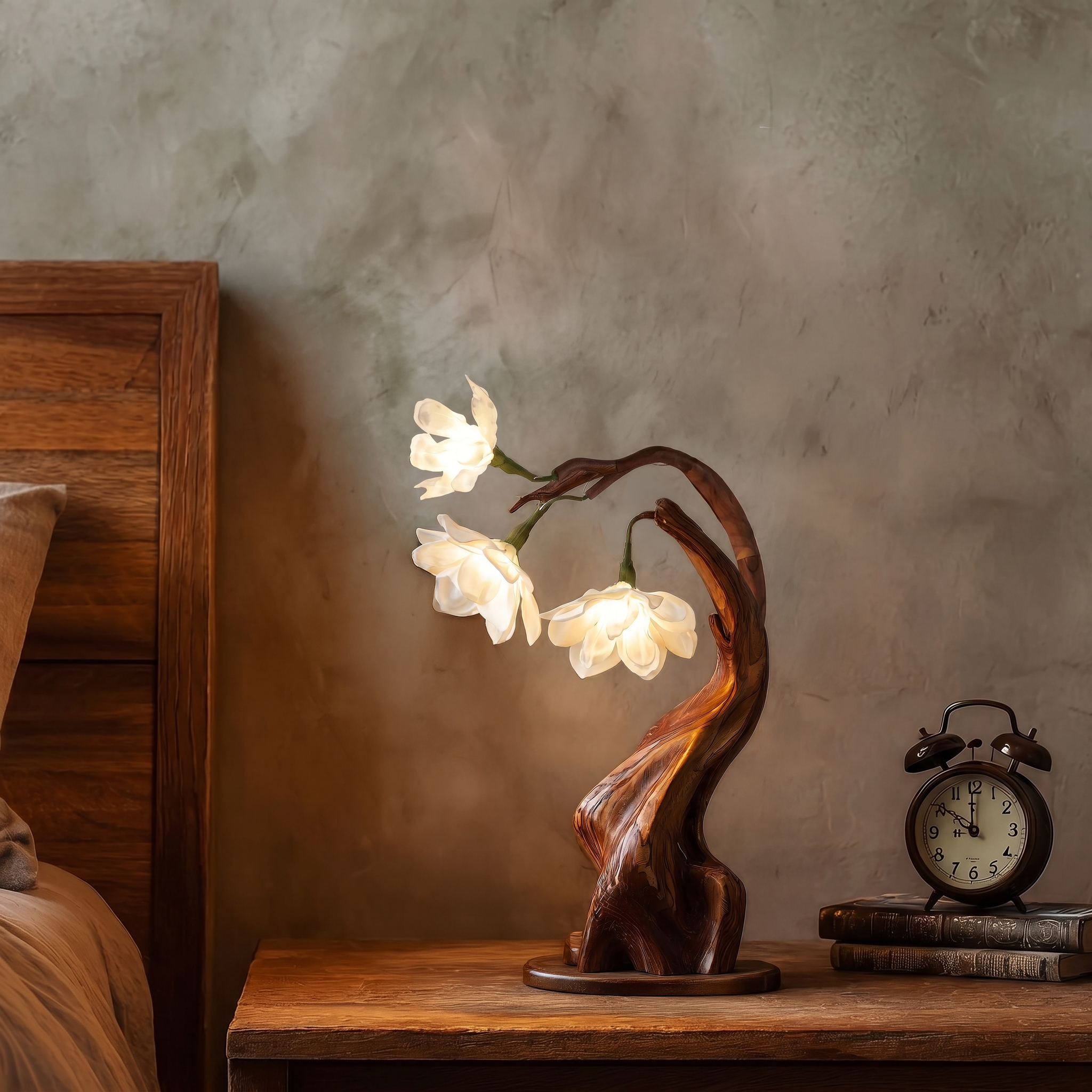 Contemporary Floral Table Lamp With Twisted Solid Wood Base For Bedroom And Living Room
