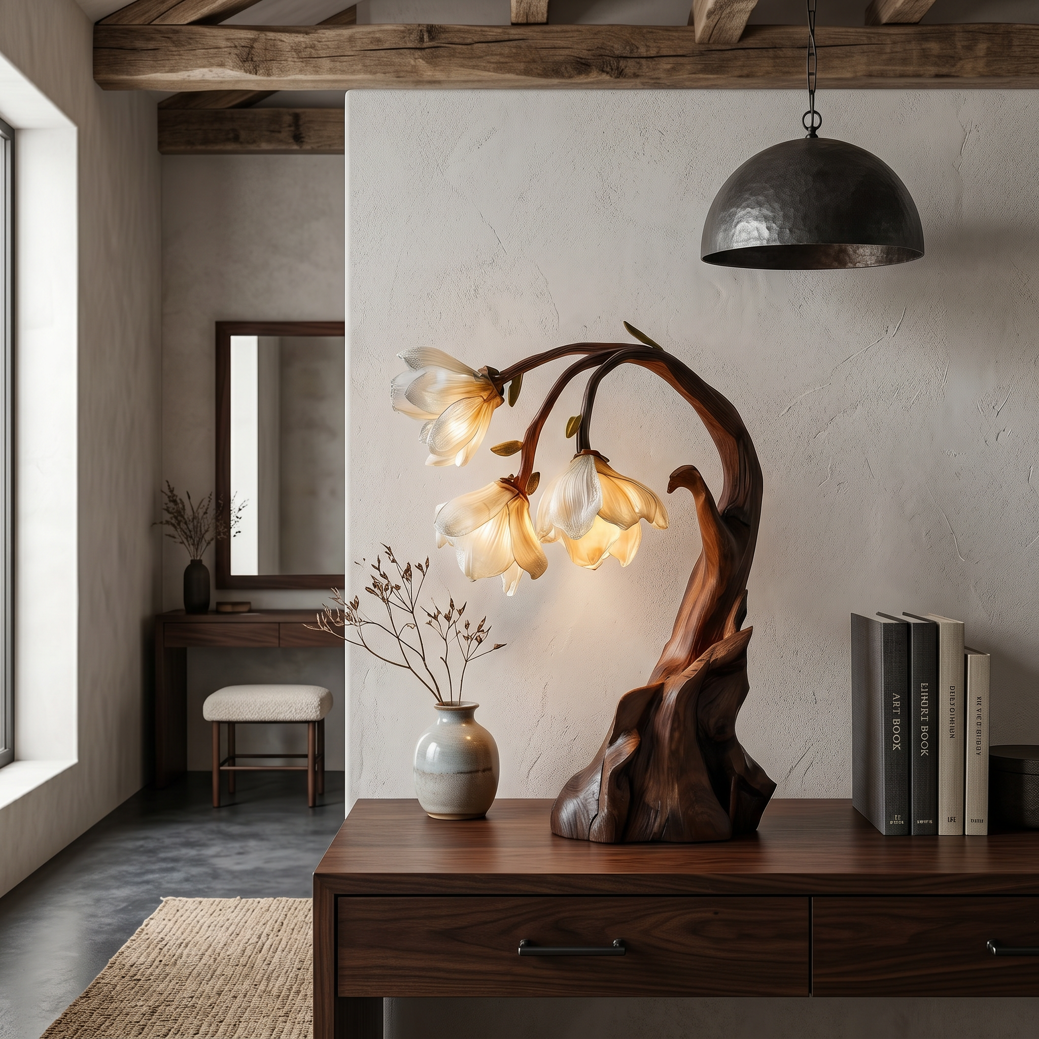 Contemporary Floral Table Lamp With Sculptural Solid Wood Base For Bedroom And Living Room