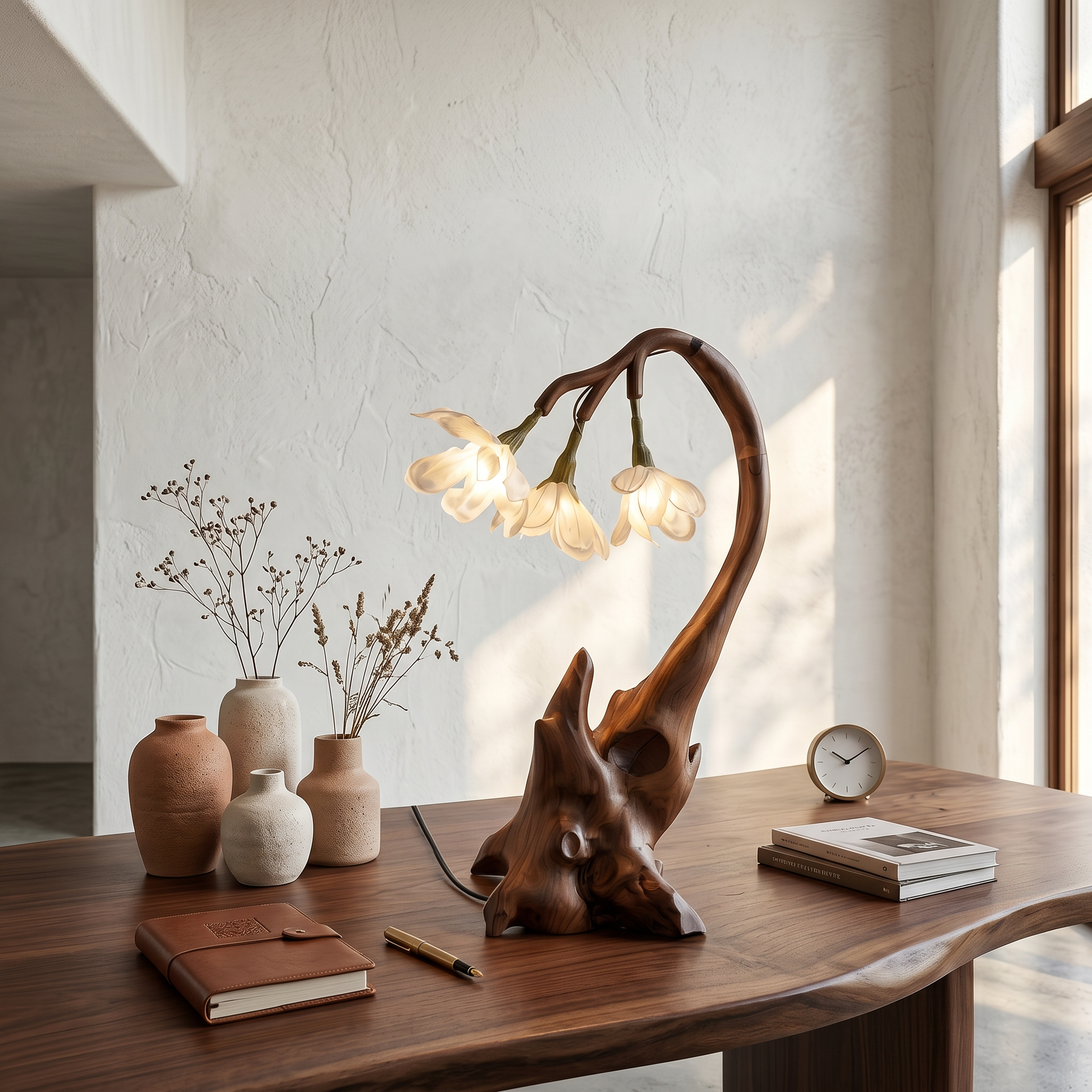Contemporary Floral Table Lamp With Sculptural Wood Base For Bedroom And Living Room