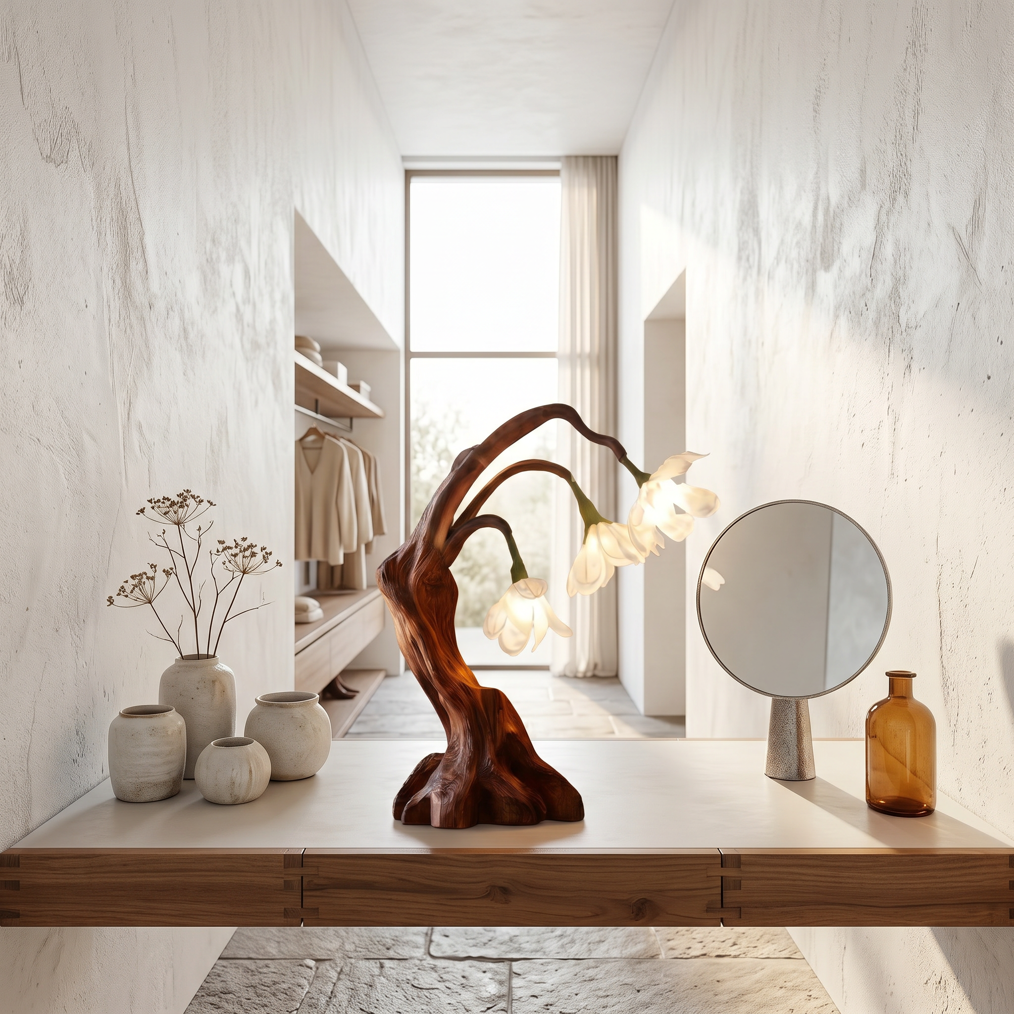 Modern Floral Table Lamp With Sculptural Driftwood Base For Bedroom And Living Room