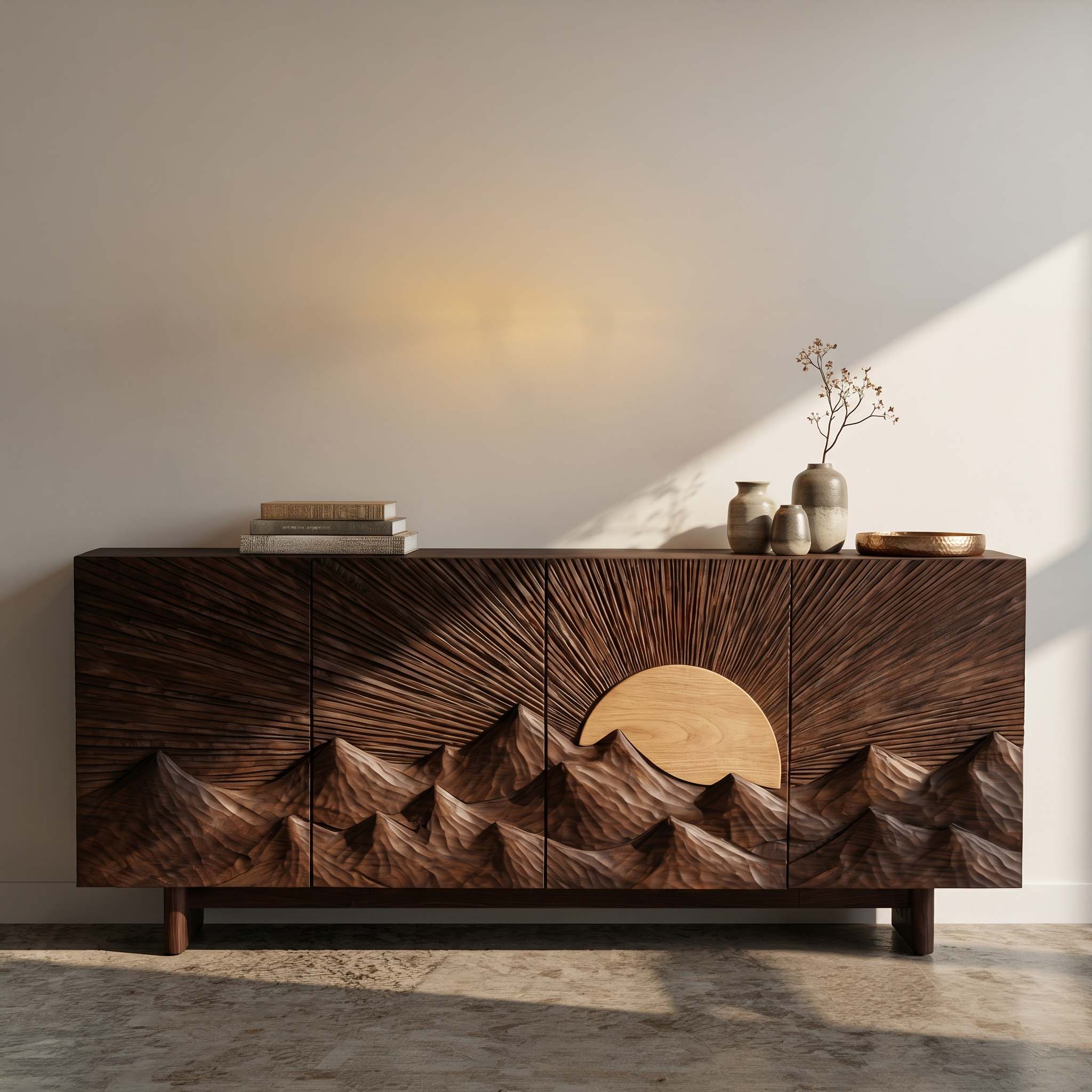 Contemporary Landscape Sideboard With Sculptural Carved Wood Doors For Living Room