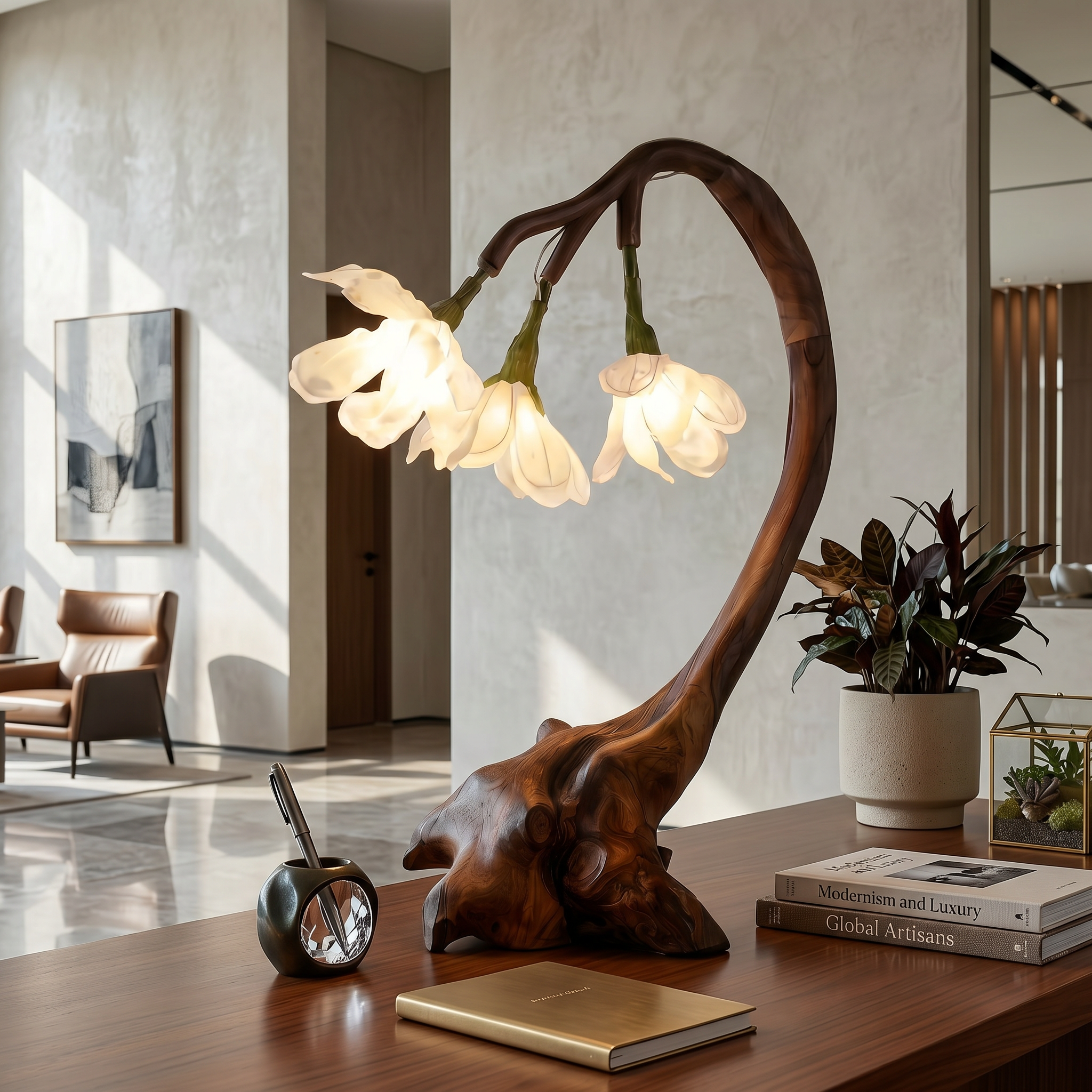 Organic Flower Table Lamp With Sculptural Wood Base For Bedroom And Living Room