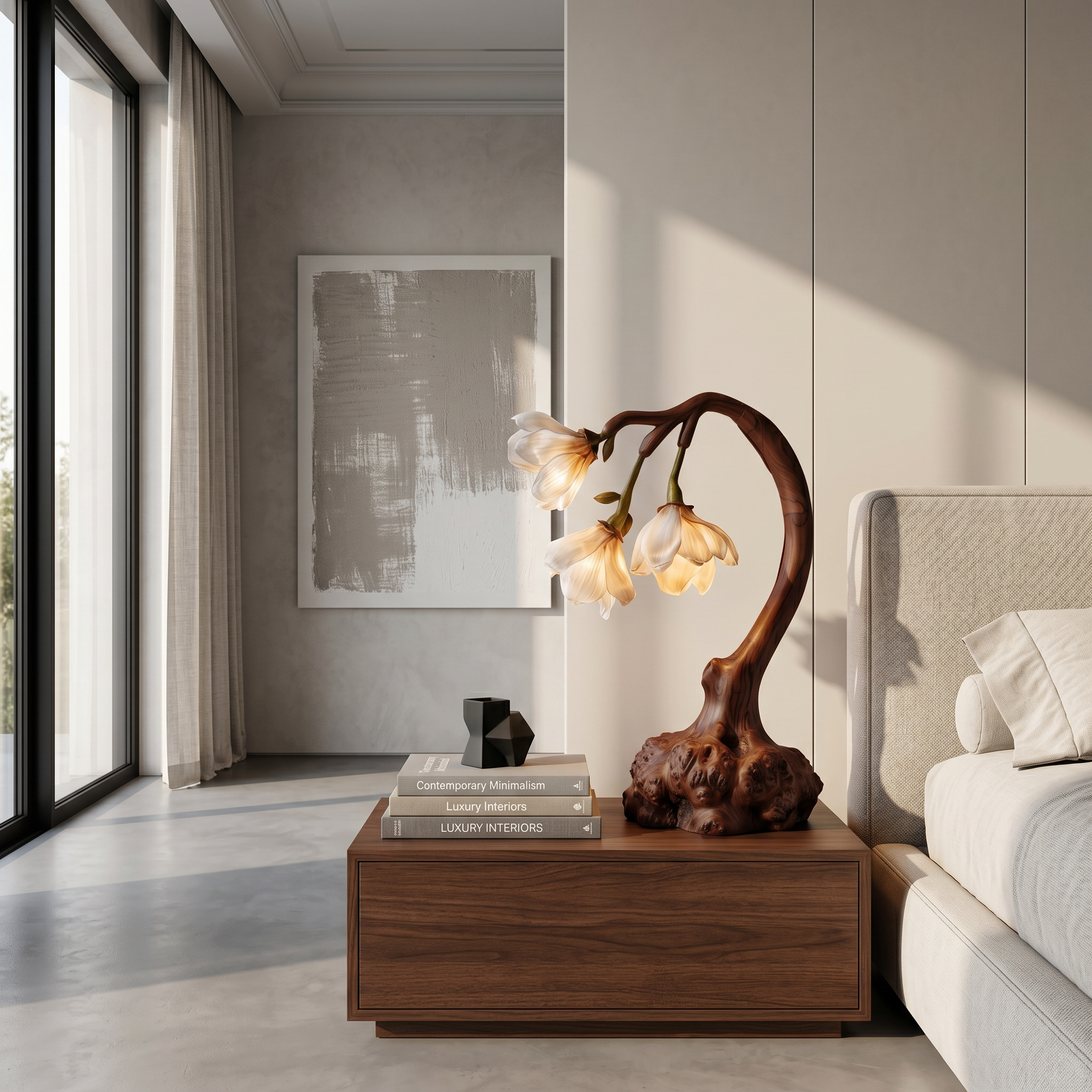Minimalist Floral Table Lamp With Organic Wood Base For Bedroom And Living Room