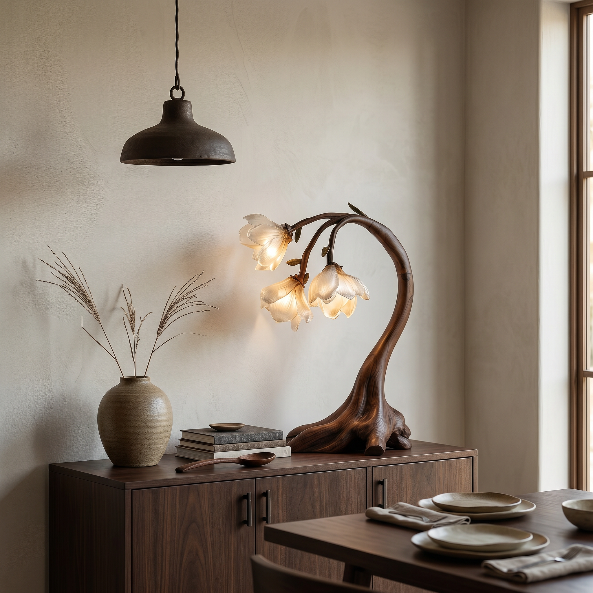 Rustic Floral Table Lamp With Sculptural Driftwood Base For Bedroom And Living Room