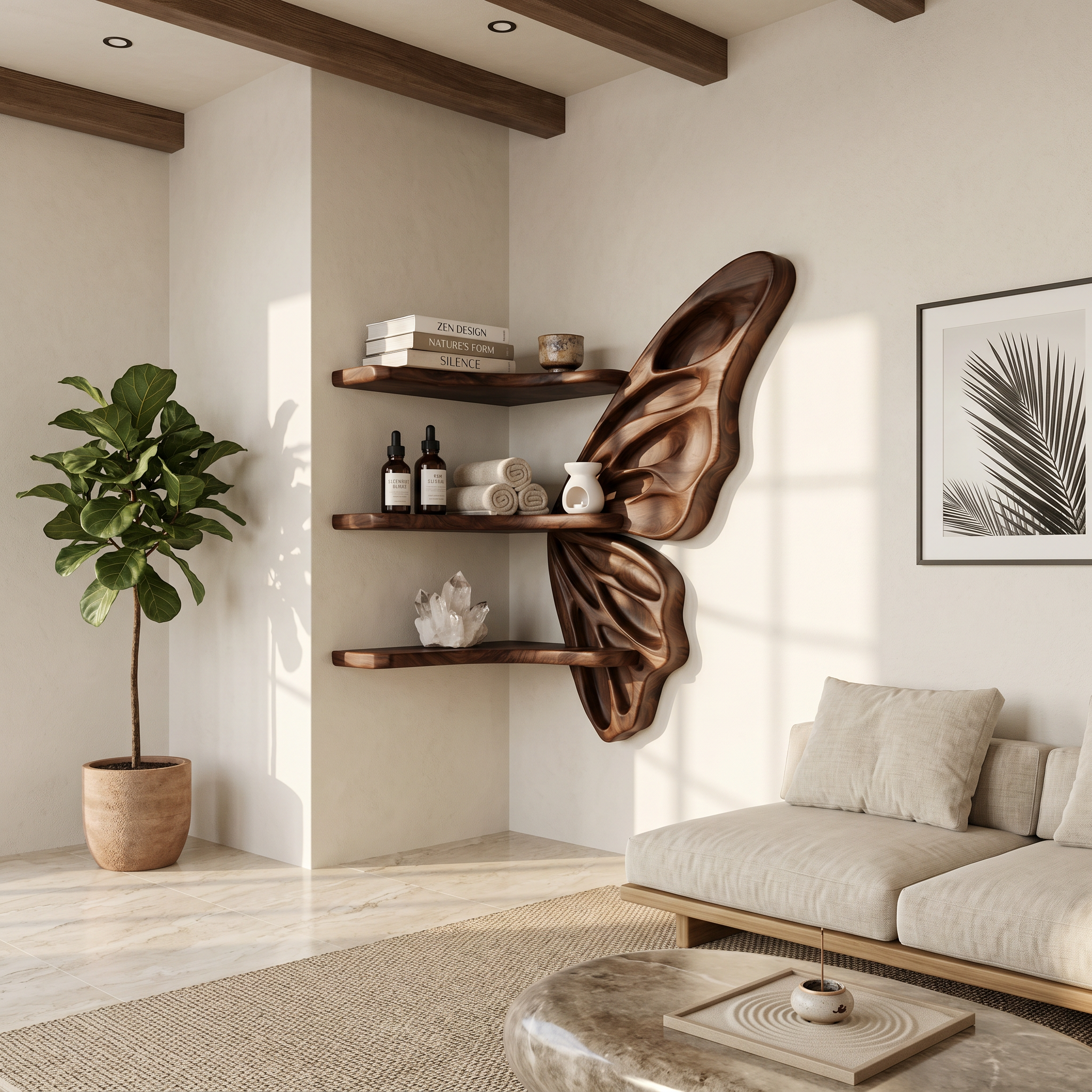 Organic Butterfly Wall Shelf With Floating Display Shelves For Living Room
