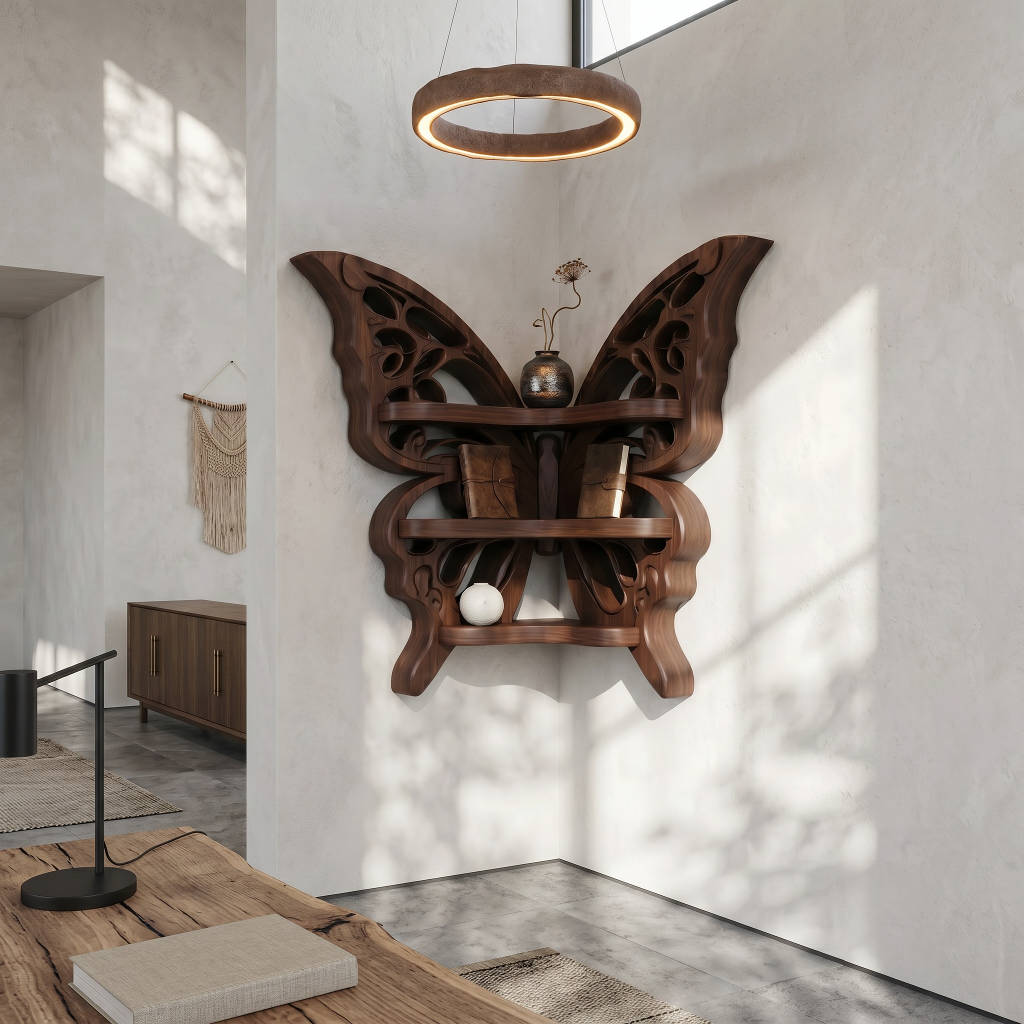 Sculptural Butterfly Floating Shelf With Handcrafted Solid Wood Design For Living Room