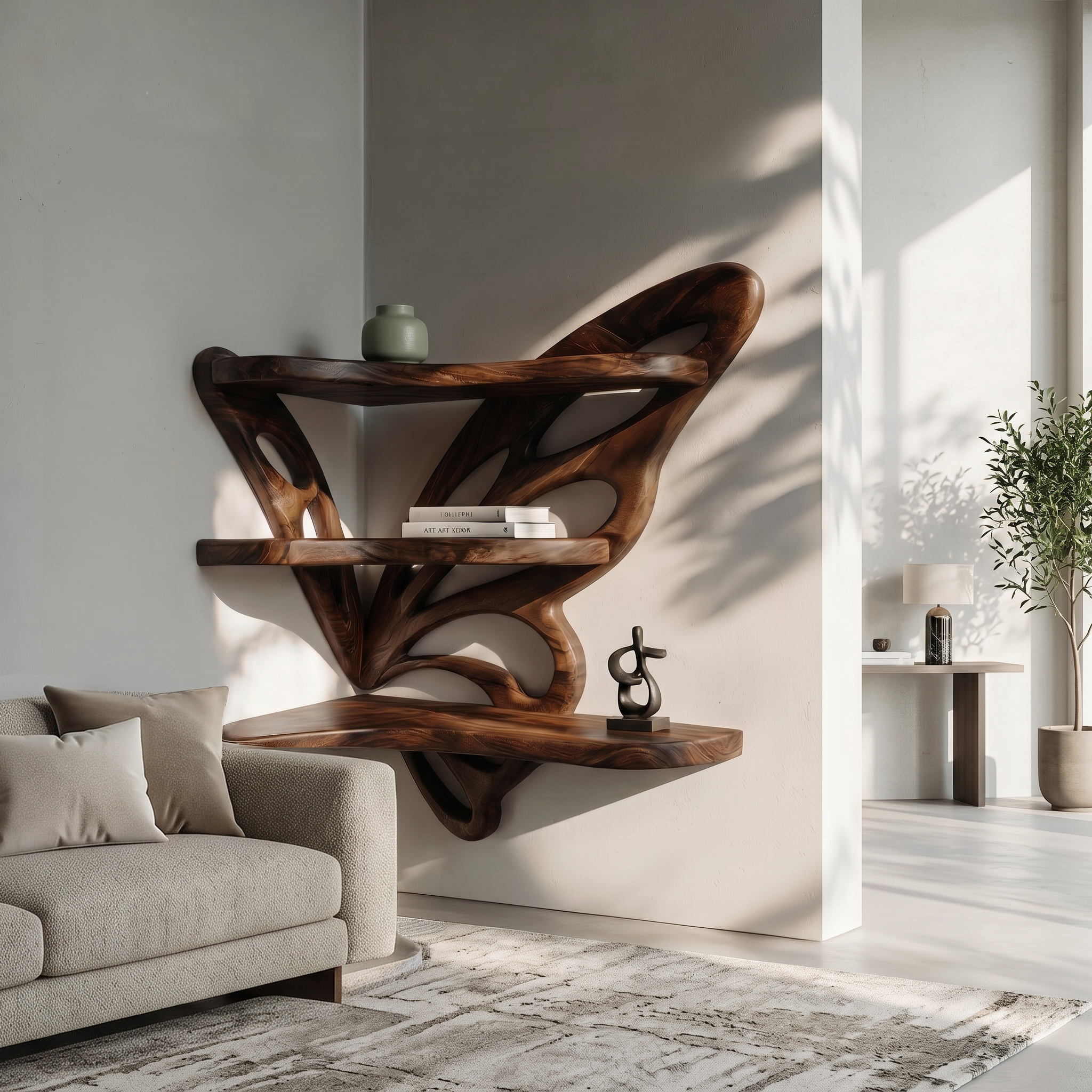 Rustic Butterfly Floating Shelf With Natural Live Edge Wood Design For Living Room