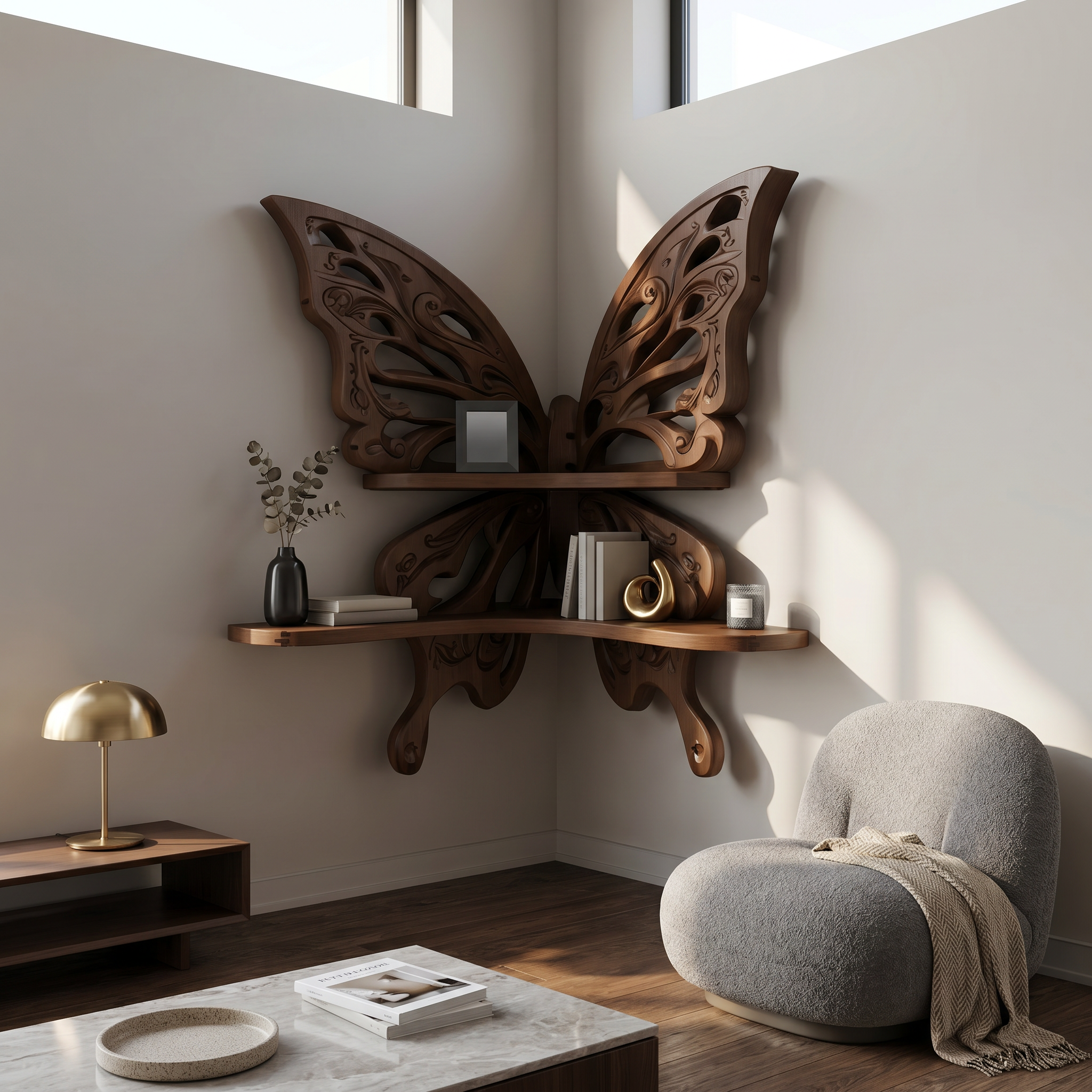 Butterfly Inspired Floating Shelf With Sculptural Live Edge Wood Design For Living Room