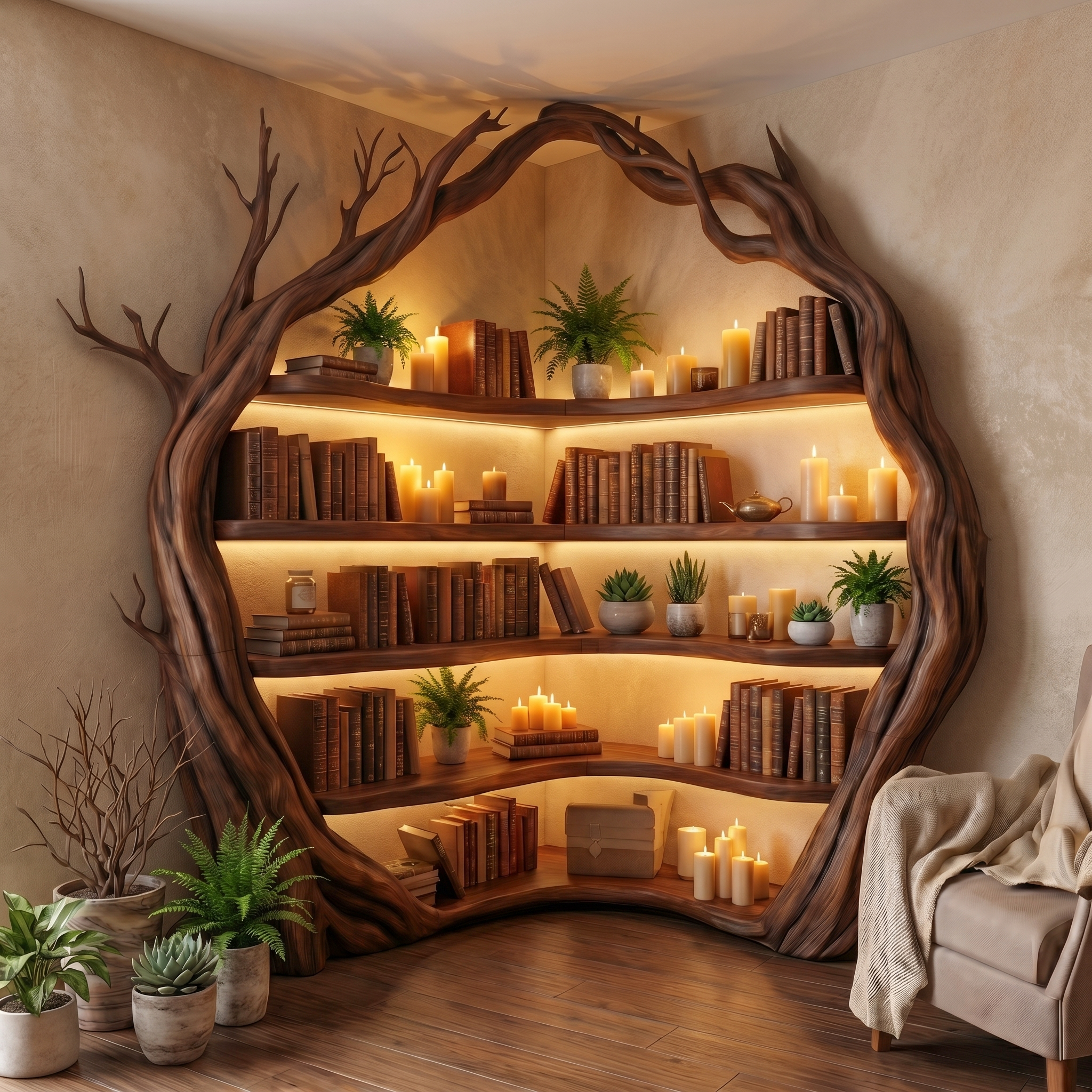 Statement Tree Corner Bookshelf For Living Room And Reading Nook