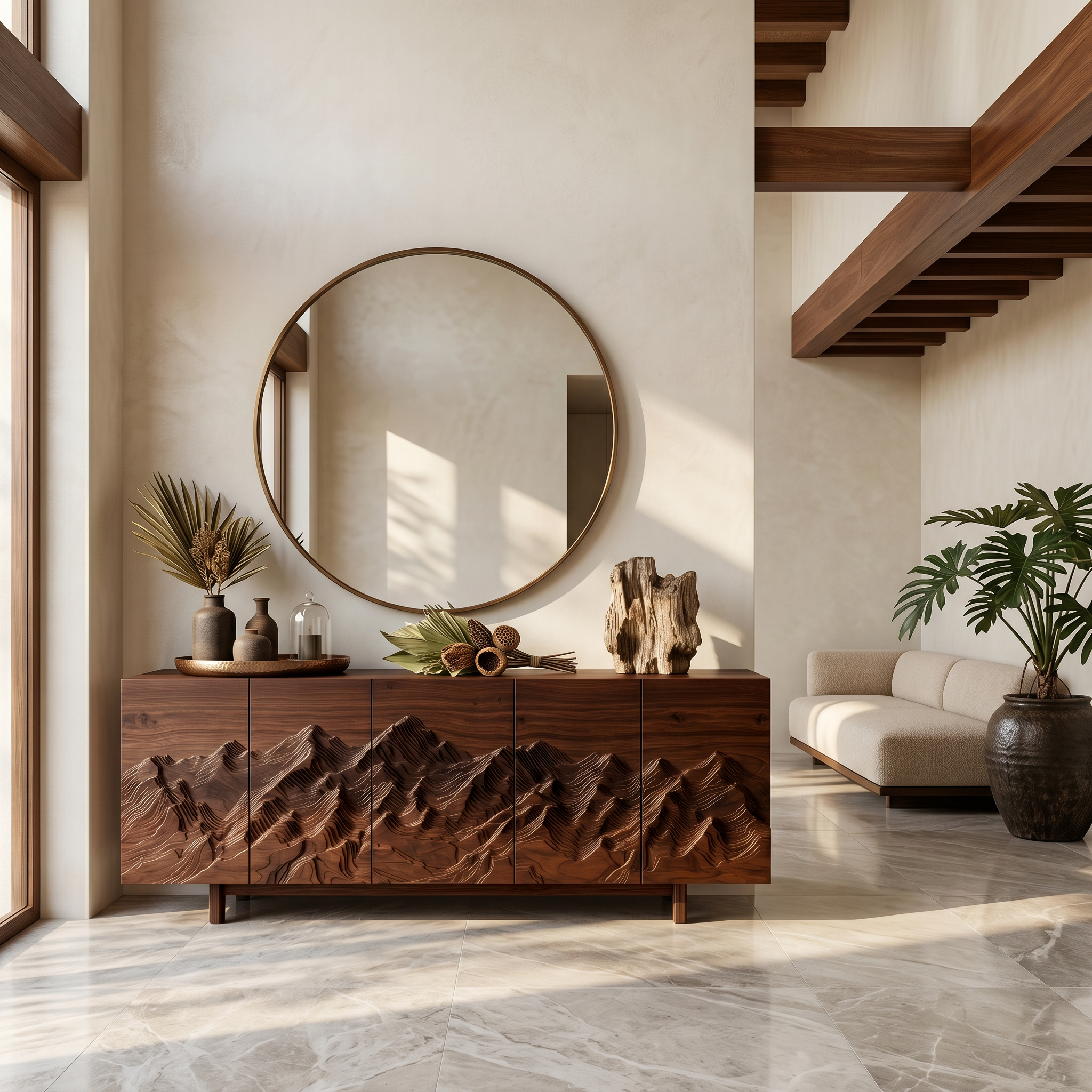 Rustic Mountain Sunrise Sideboard With Hand Carved Wood Doors For Living Room And Entryway