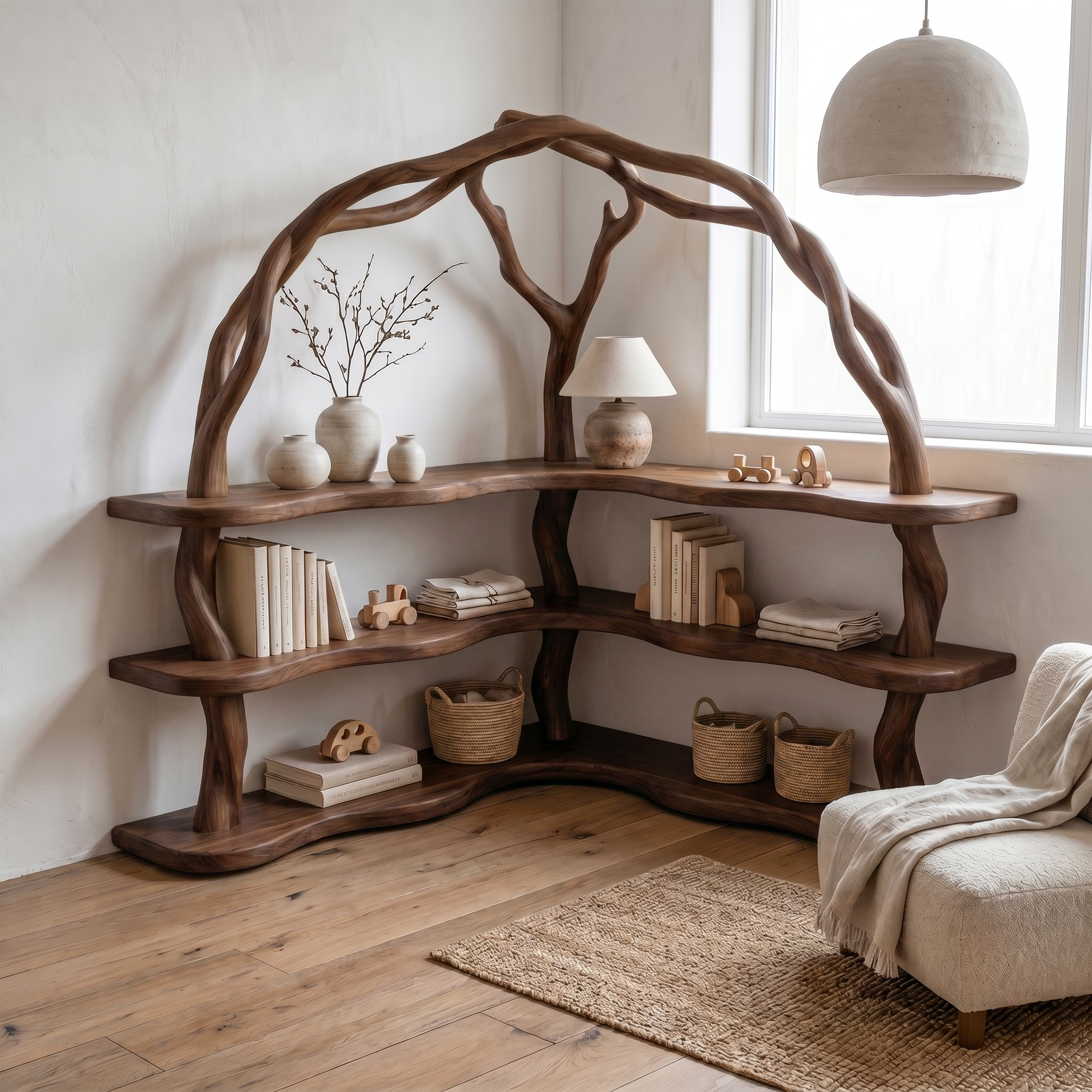 Organic Corner Bookcase With Natural Branch Frame Design For Living Room And Bedroom