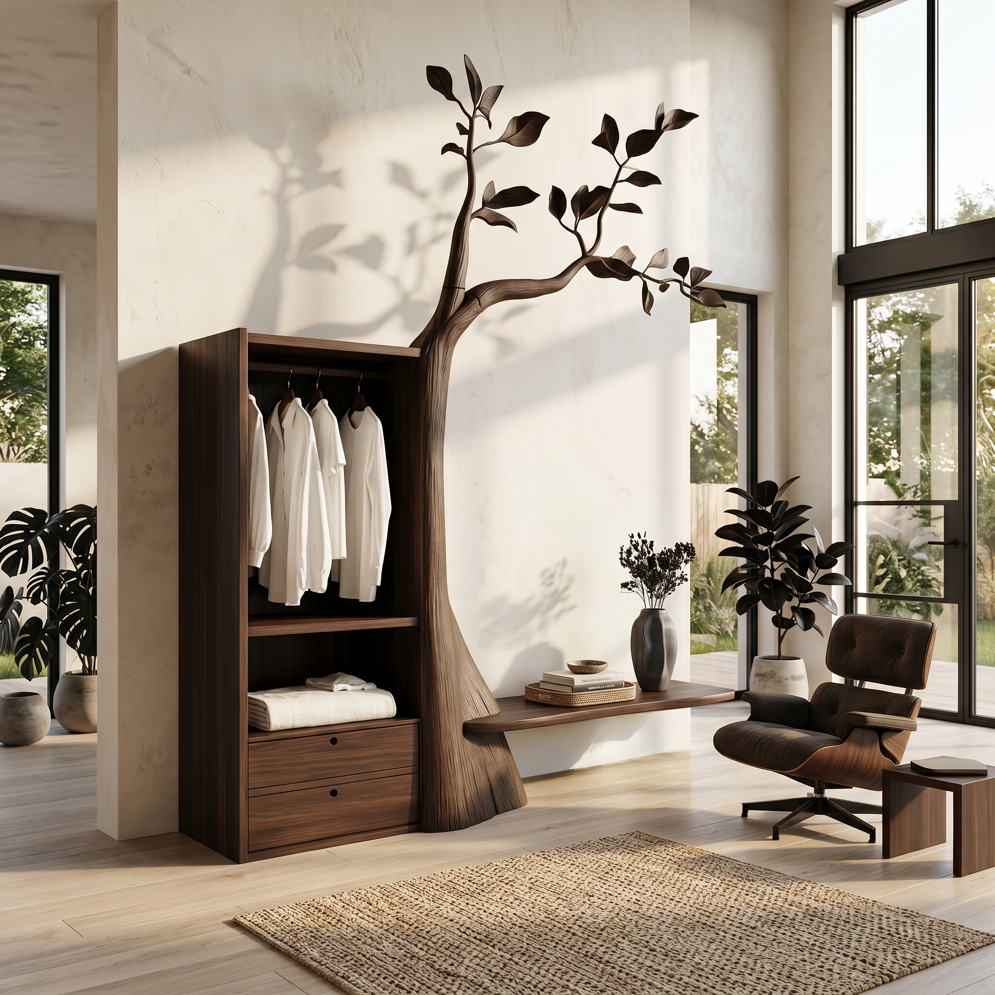 Organic Modern Tree Coat Rack Seating Bench Entryway And Bedroom