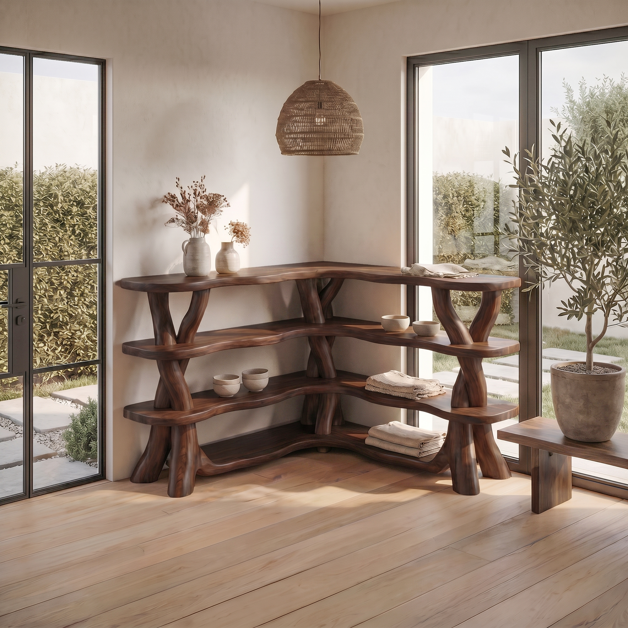 Rustic Organic Corner Bookshelf With Sculptural Tree Branch Shelves For Living Room And Bedroom