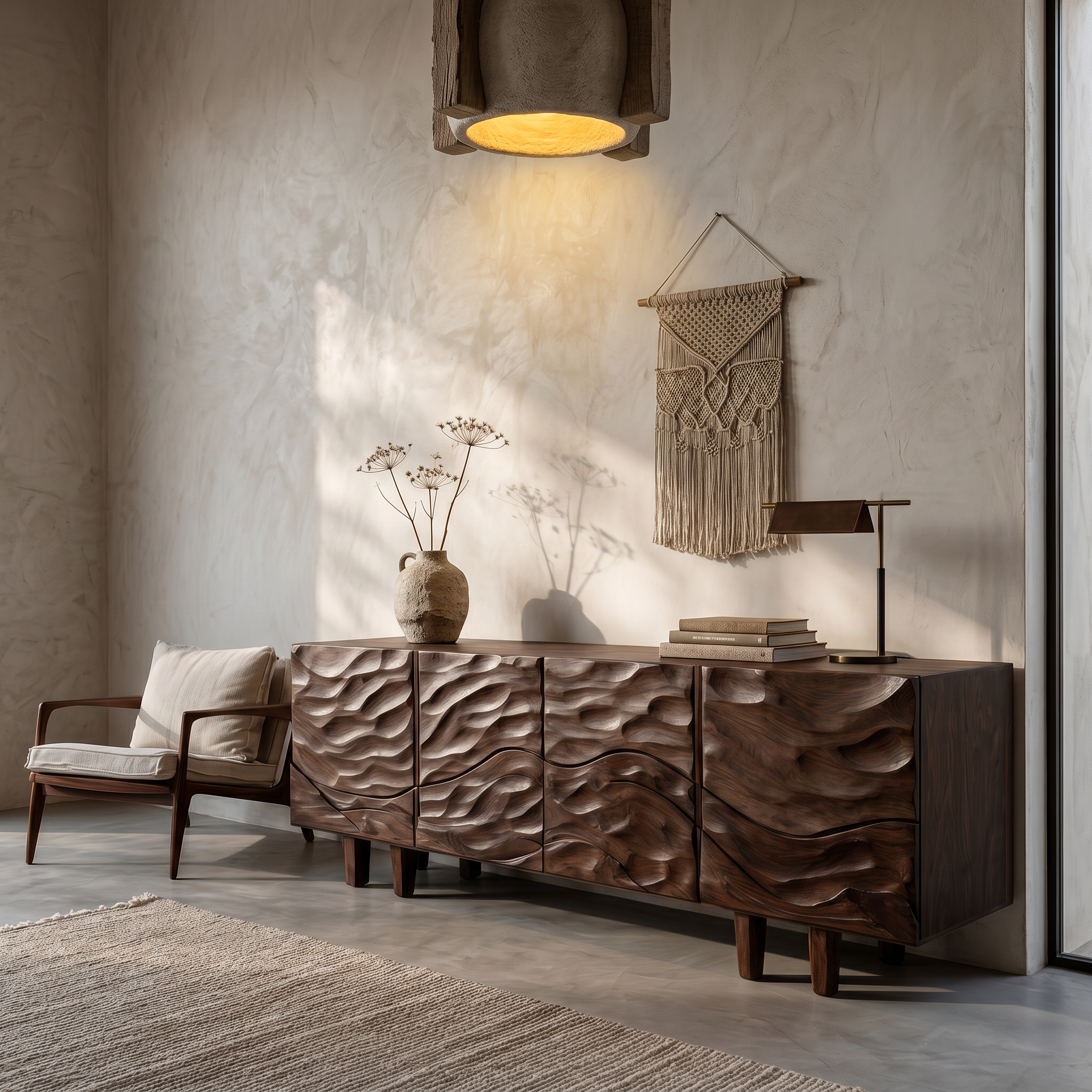 Sculptural Sideboard With Flowing Wood Grain Doors For Living Room