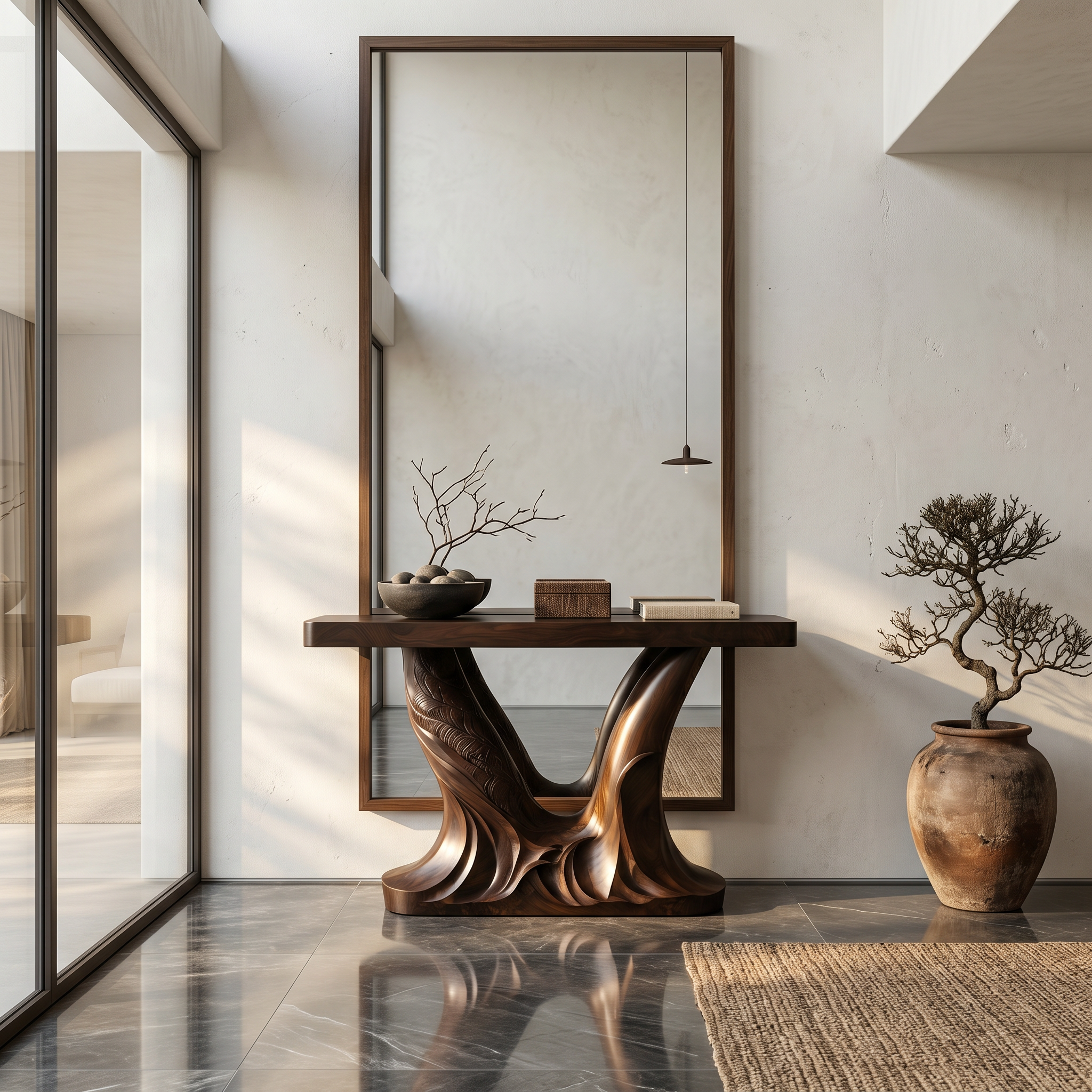 Organic Console Table With Sculptural Double Pedestal Base For Entryway