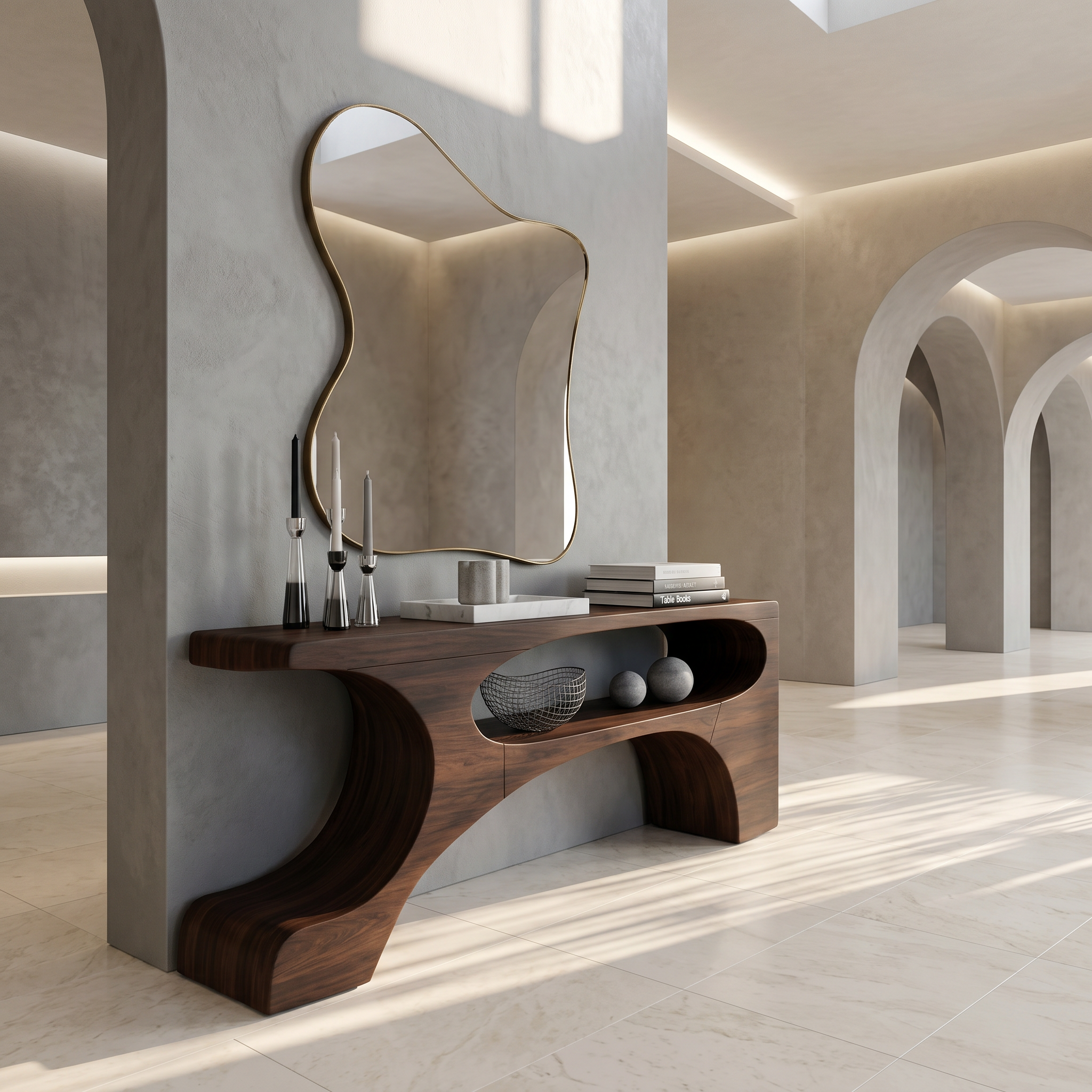Contemporary Console Table With Organic Pedestal Design For Foyer