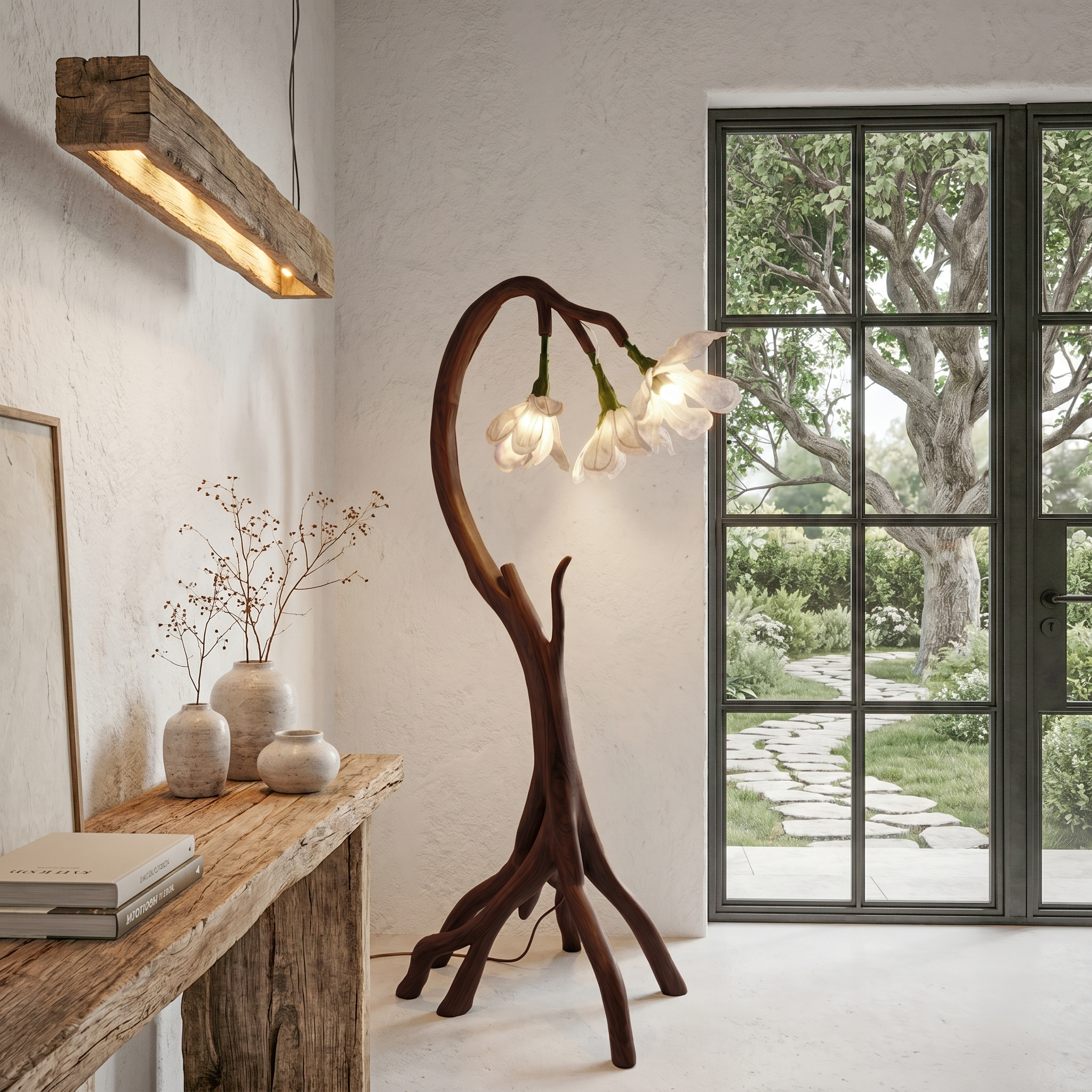 Botanical Flower Floor Lamp With Sculptural Wood Base For Living Room And Bedroom