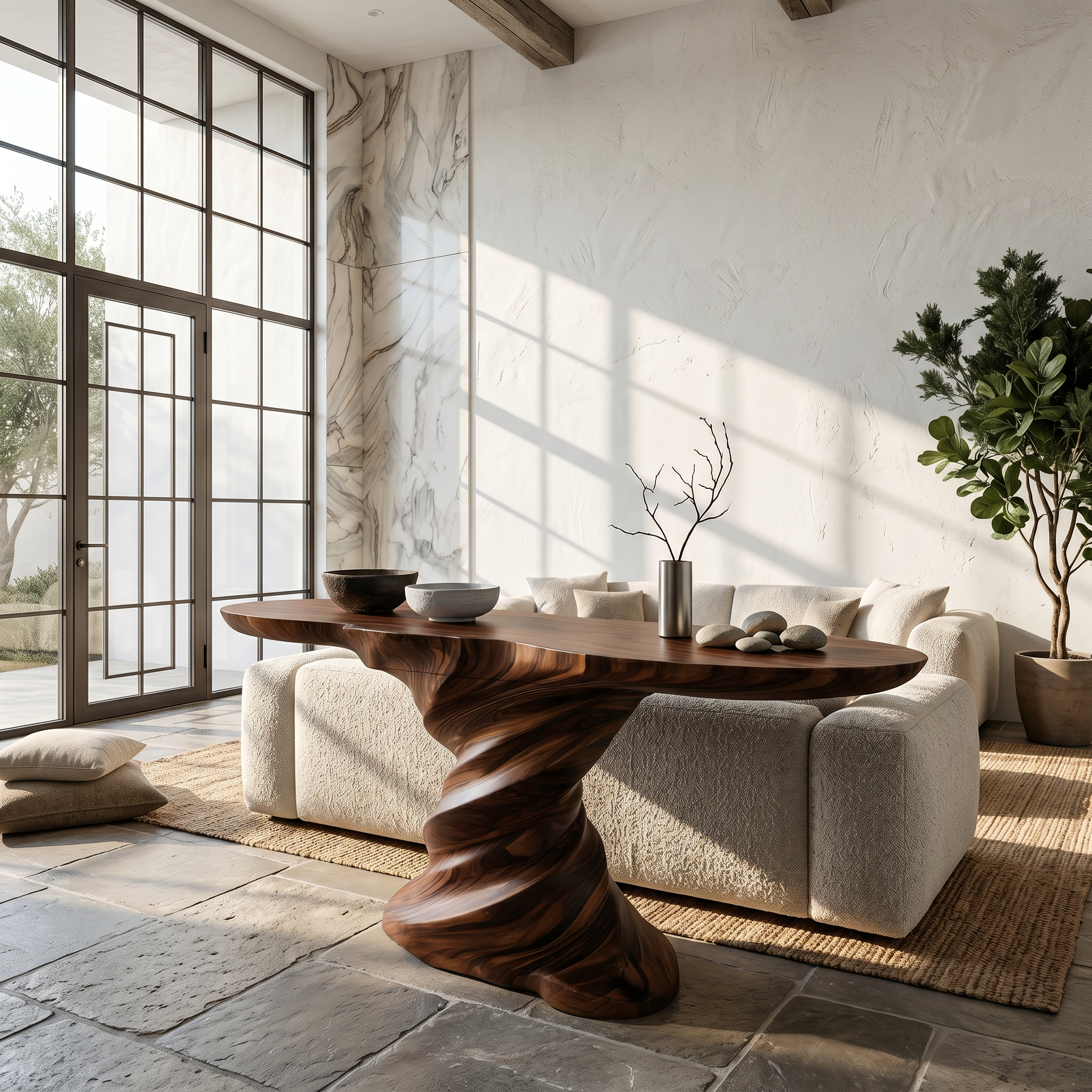 Organic Console Table With Sculptural Helix Base For Entryway