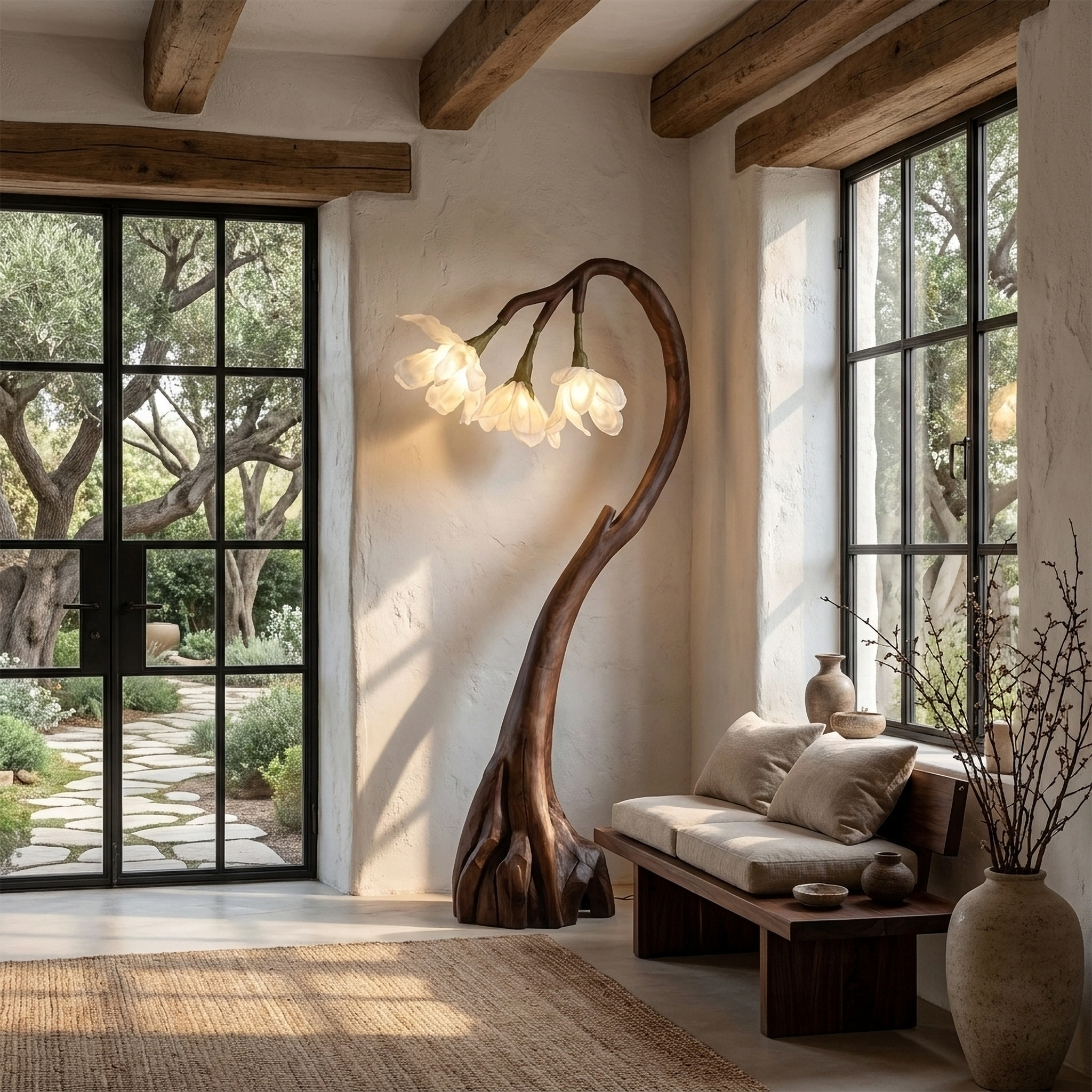 Floral Floor Lamp With Organic Wood Base For Living Room And Bedroom