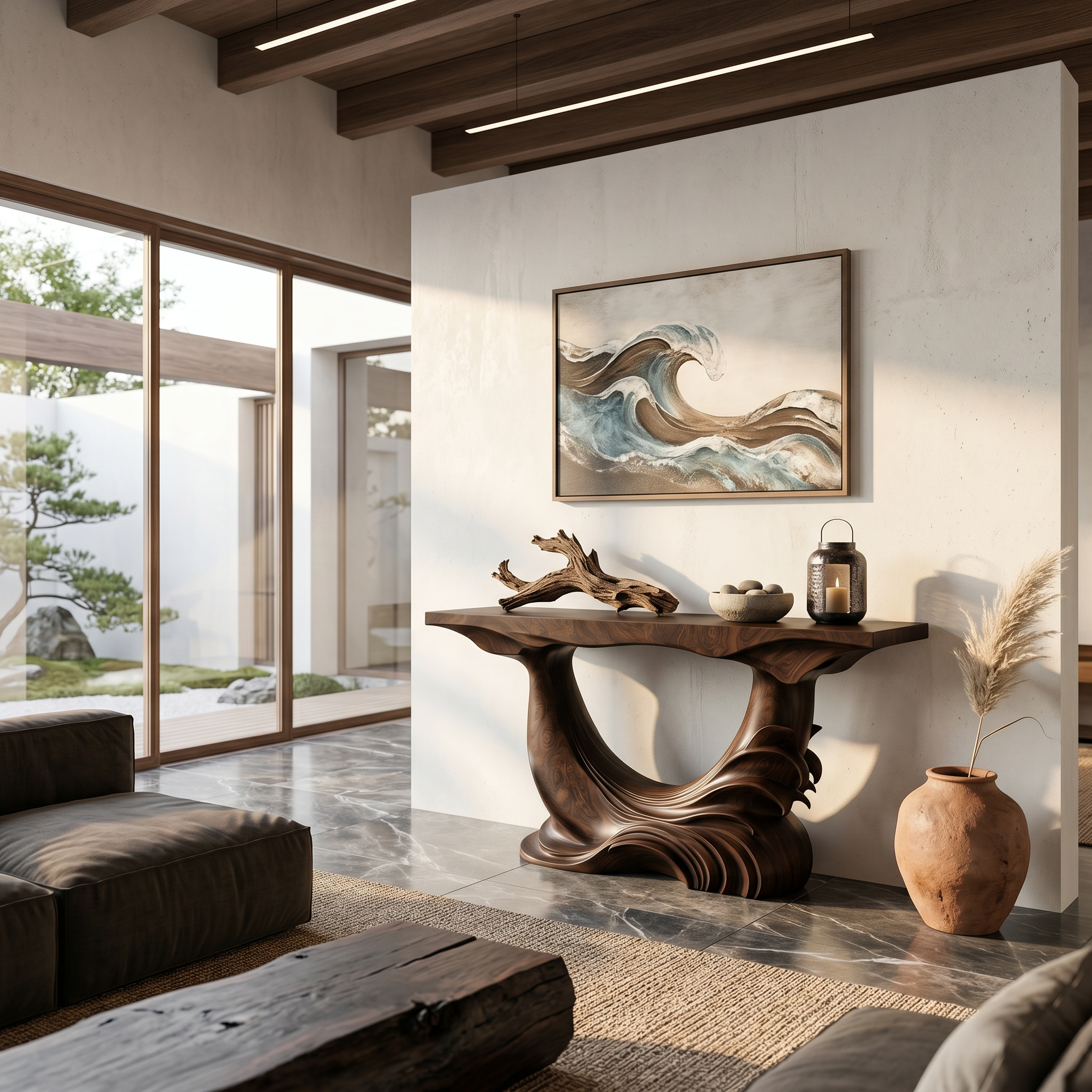 Natural Console Table With Flowing Wood Sculpture For Hallway