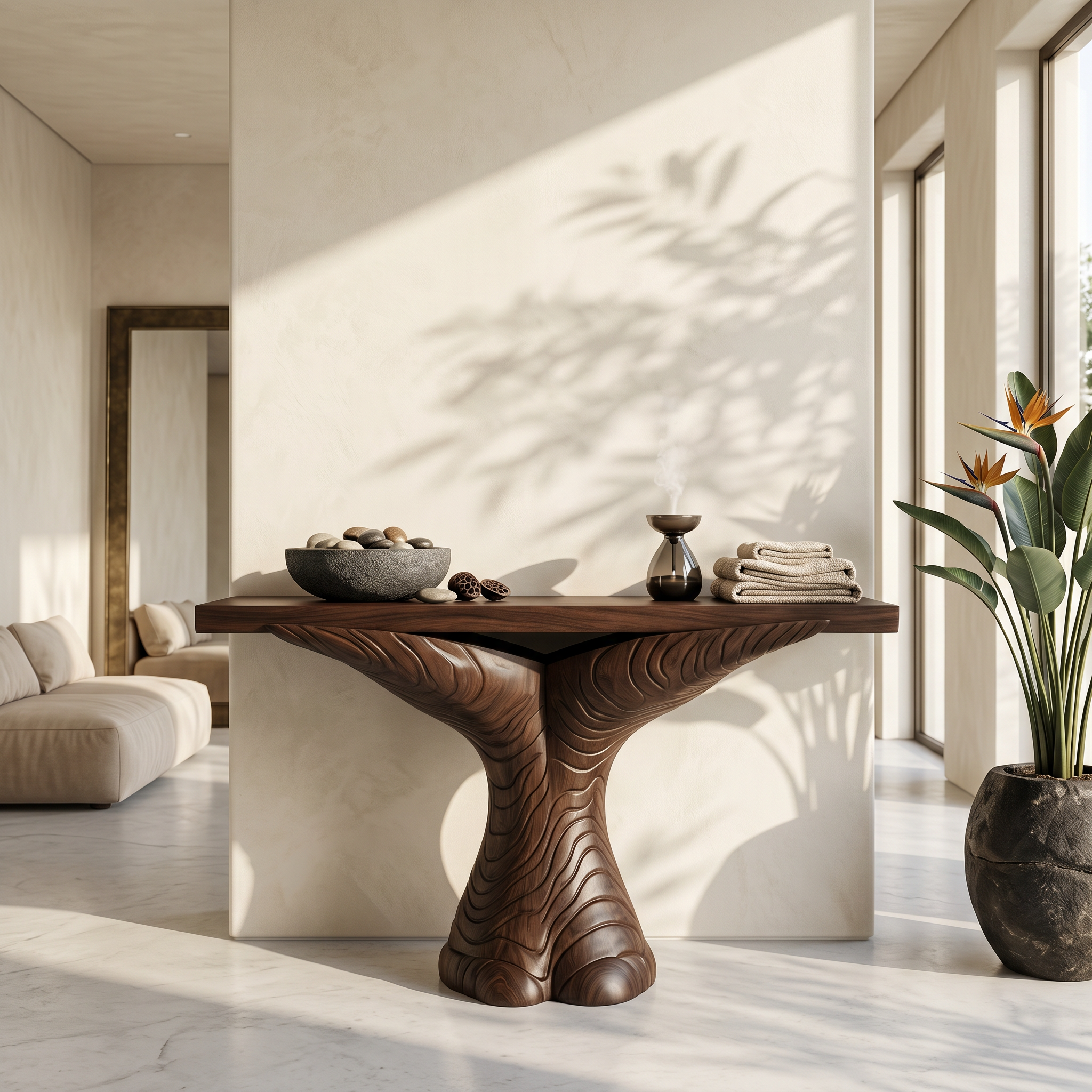 Organic Console Table With Sculptural Ribbon Form For Entryway