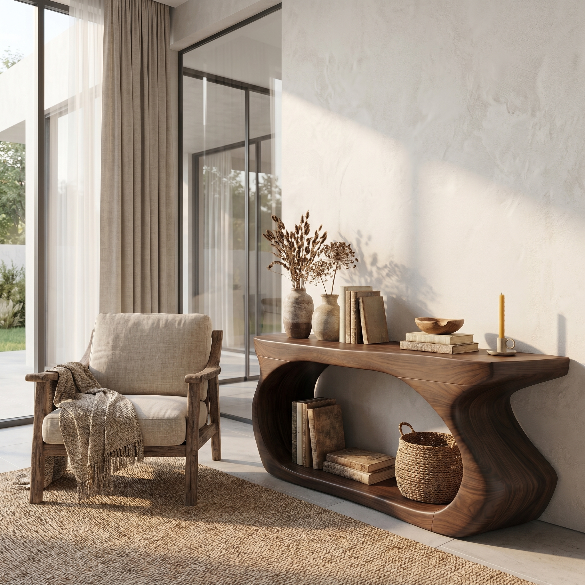 Modern Console Table With Sculptural Circular Form For Entryway