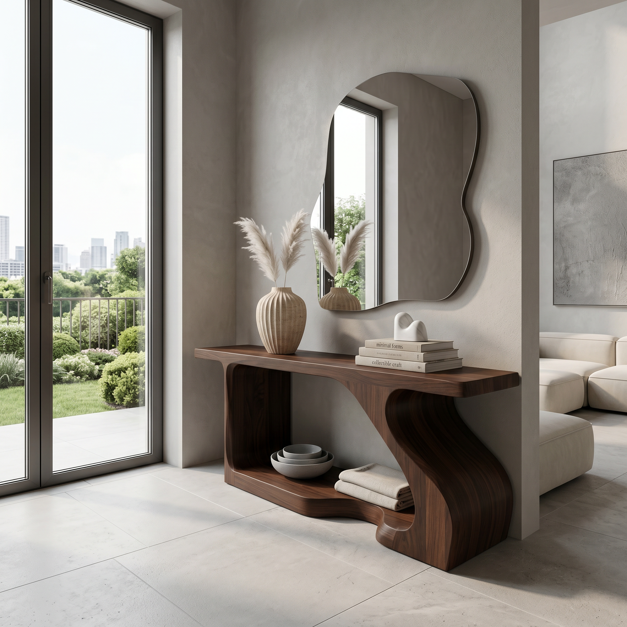 Modern Console Table With Sculptural Curved Form For Entryway